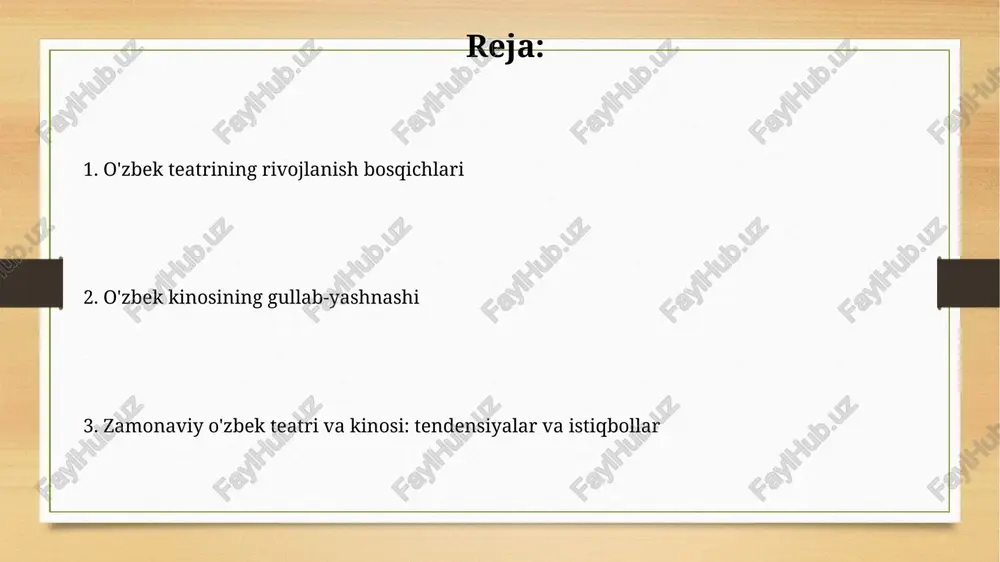 lanib, oilaviy munosabatlar, axloqiy dilemmalar va qishloq hayoti tasvirlangan filmlar yaratildi. zamonaviy o'zbek kinosi: muvaffaqiyatlar va istiqbollar so‘nggi yillarda o‘zbek kinosi “oskar” mukofotiga “izzat” (2022) va “ayol qismati” (2023) filmlarini taqdim etish orqali xalqaro e’tirofga intilishda muvaffaqiyat qozondi. milliy kino sohasida xususiy kinostudiyalar sonining ortishi, 100 dan ortiq kompaniyalar faoliyat yuritishi bilan raqobat kuchaydi va bu ijodiy izlanishlarga turtki bo‘ldi. e'tiboringiz uchun rahmat image8.jpg image9.jpg image10.jpg image11.jpg image12.jpg image13.jpg image3.png image4.png