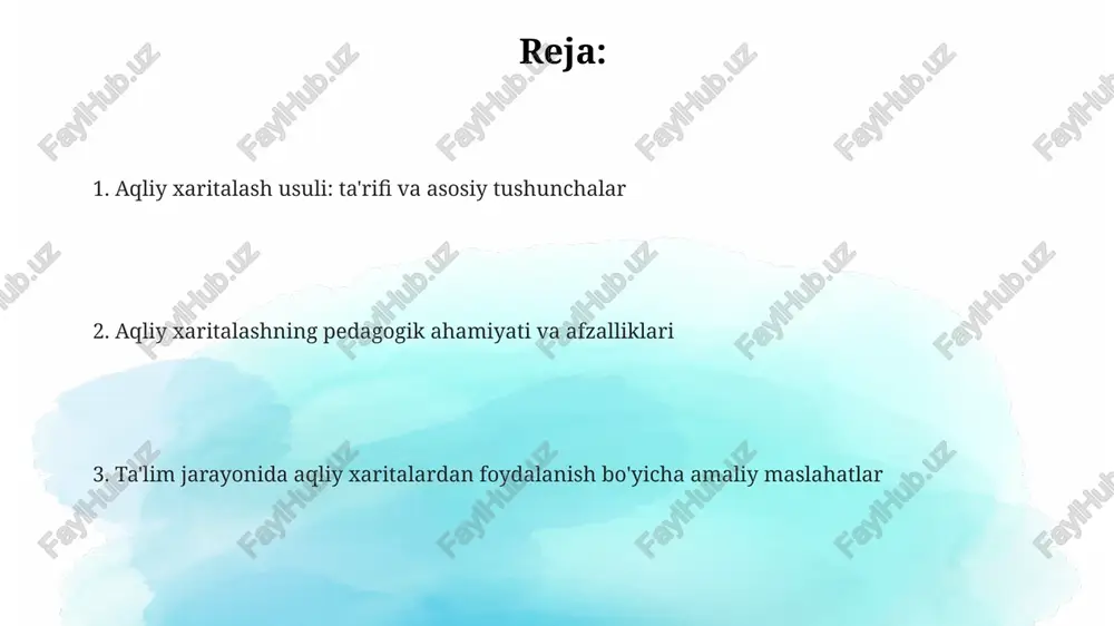 tiradi. aqliy xaritalashda asosiy g'oyalar markazdan tarqaluvchi qalin chiziqlar orqali bog'lanadi, har bir chiziq ustida bitta asosiy so'z yoziladi, bu esa aniqlikni ta'minlaydi. chiziqlar filiallari rangli kodlanadi, bu vizual ajratish va tushunishni osonlashtiradi; har bir filial uchun kamida 2 ta turli rang ishlatish tavsiya etiladi. aqliy xaritalashning afzalliklari xotirani mustahkamlashda aqliy xaritalar 40% gacha samaraliroq, chunki vizual aloqalar miya faoliyatini rag'batlantiradi va eslab qolishni osonlashtiradi. aqliy xaritalash, murakkab tushunchalarni soddalashtirib, 20-30% vaqtni tejashga yordam beradi, bu esa materialni tezroq o'zlashtirish imkonini beradi. ijodkorlikni oshirishda aqliy xaritalar 15-25% natijani yaxshilaydi, fikrlash jarayonini erkinlashtiradi va yangi g'oyalarni generatsiya qilishga turtki beradi. aqliy xaritalashning kamchiliklari ba'zi odamlar uchun aqliy xaritalash chiziqli yozuv kabi samarali emas, chunki ular o'rtacha 30% gacha ko'proq vaqt talab qilishi va xotirani yaxshilamasligi mumkin. aqliy xaritalar juda murakkab bo'lishi mumkin, ayniqsa, ko'p miqdordagi ma'lumotlarni o'z ichiga olgan holda, tartibsizlikka olib kelishi va samaradorlikni 25% ga kamaytirishi mumkin. subyektivlik xavfi …