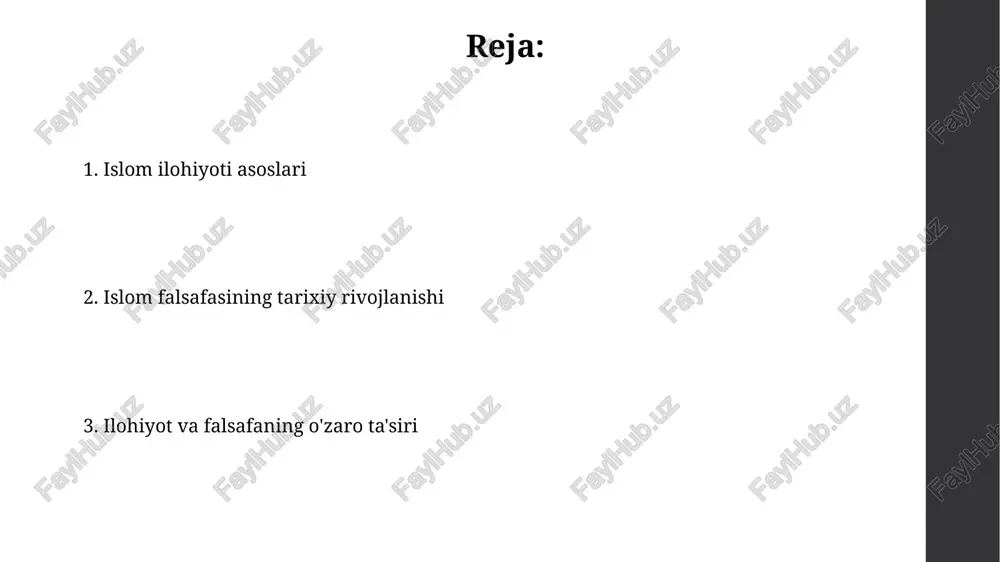 ularning har biri idrok jarayonida rol o'ynaydi. al-g'azzoliyning ilohiyotga tanqidi va uning ta'siri g'azzoliy falsafani 3 qismga bo'lib, matematika va mantiqni foydali deb, tabiiy fanlarni xavfli, ilohiyotni esa ishonchsiz deb tanqid qilgan. uning 'faylasuflarning befoydaligi' asari, xususan ibn sino va forobiyning 20 ta falsafiy masalasini, jumladan olamning abadiyligini qoraladi. ibn rushdning aristotel falsafasini himoya qilishi ibn rushd aristotelning 'ikki haqiqat' nazariyasiga qarshi chiqib, falsafa va din bir-biriga mos kelishini, 2 ta emas, 1 haqiqat borligini ta'kidladi. u aristotelning fikrlarini sharhlash orqali islom ulamolari orasida e'tirof etilishiga katta hissa qo'shdi, bu esa 12-asrda muhim ahamiyatga ega edi. tasavvufning ilohiy va falsafiy jihatlari tasavvufda allohga yetishishning 7 bosqichi mavjud bo'lib, ularda nafsni tarbiyalash va axloqni sayqallash muhim ahamiyatga ega, bu esa ilohiy birlikka erishishga olib keladi. tasavvuf falsafasida vahdat al-vujud tushunchasi muhimdir, bu borliqning yagonaligi va allohning har bir narsada namoyon bo'lishini anglatadi, bu 13-asrda ibn arabiy tomonidan rivojlantirilgan. kalam: islom ilohiyotining …