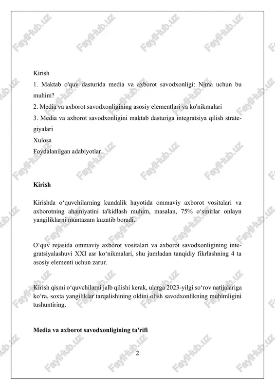 graduslik nuqtai nazardan tahlil qilishga yordam beradi. ular, shu bilan, tanqidiy fikrlash ko'nikmalarini oshiradilar. media va axborot savodxonligining asosiy elementlari axborotga kirish: tanqidiy baholash va filtrlashdan oldin, keng ko'lamli manbalardan ma'lumot topish, masalan, 5 turdagi onlayn-ma'lumotlarni olish ko'nikmalari muhimdir. baholash va tahlil: ma'lumotning ishonchliligi va ob'ektivligini tekshirish uchun 3 ta asosiy savolga javob berish, shuningdek, 7 xil faktlarni ajratish va anglash zarur. yaratish va tarqatish: turli xil auditoriya uchun 4 ta asosiy media formatida (matn, audio, video, grafika) ma'lumot yaratish va samarali ulash usullarini bilish talab etiladi. maktab o'quv dasturida media va axborot savodxonligining o'rni maktab o'quv dasturida media va axborot savodxonligi 21-asr ko'nikmalarini shakllantirish, tanqidiy fikrlash va axborotni tahlil qilish qobiliyatini rivojlantirish uchun zarur. media va axborot savodxonligi darslari yolg'on xabarlar (feyklar)ni aniqlash, manbalarni baholash va axborot xavfsizligini ta'minlash bo'yicha ko'nikmalarni o'rgatadi. o'quv dasturga media va axborot savodxonligini integratsiya qilish orqali o'quvchilar onlayn platformalarda 4.0 sanoat talablariga moslashish uchun …