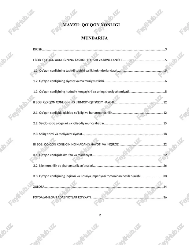 tisodiy holati, ma’muriy boshqaruv tizimi, urf-odatlar, diniy hayot va madaniy taraqqiyotini o‘z ichiga olgan murakkab tarixiy jarayonlarning yig‘indisidir. xonlikning tashkil topishidan to inqirozga uchraguniga qadar bo‘lgan davrni chuqur o‘rganish, bugungi kunda milliy o‘zlikni anglash, davlatchilik an’analarini tiklash va tarixiy xotirani mustahkamlashda muhim ahamiyatga ega. kurs ishining maqsadi – qo‘qon xonligining tashkil topishi, siyosiy va ma’muriy tizimi, ijtimoiy-iqtisodiy va madaniy hayoti hamda inqirozi sabablari kabi jihatlarni tizimli tarzda o‘rganishdir. shu bilan birga, qo‘qon xonligining tarixiy merosini bugungi kun bilan qiyosiy tahlil qilish, uning mintaqaviy va xalqaro ahamiyatini aniqlash ham asosiy vazifalardan biridir. tadqiqot obyekti sifatida qo‘qon xonligi tarixidagi asosiy bosqichlar, hukmdorlar faoliyati, iqtisodiy siyosat, ijtimoiy munosabatlar va madaniy hayot tanlangan. ishning predmeti esa – bu davrda yuz bergan tarixiy jarayonlar va ularning milliy tarixdagi o‘rni hisoblanadi. kurs ishining tuzilishi quyidagi uch asosiy bobdan iborat: birinchi bobda qo‘qon xonligining tashkil topishi va siyosiy rivojlanish bosqichlari tahlil qilinadi; ikkinchi bobda xonlikning iqtisodiy hayoti …