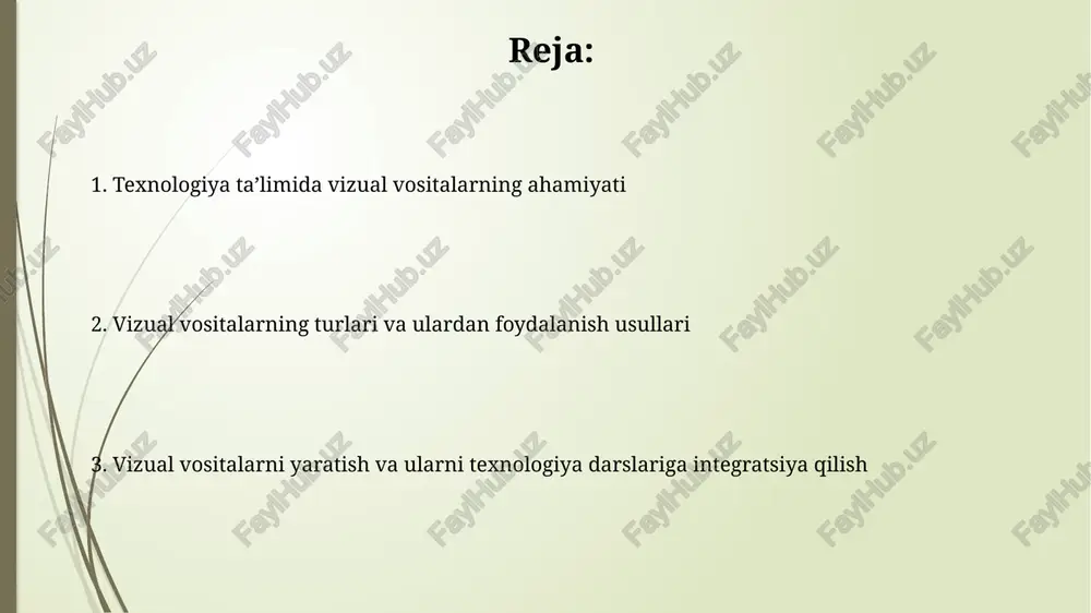 t shriftlardan foydalaning. asosiy xabarni katta, qolgan ma’lumotlarni esa kichikroq shriftlarda taqdim eting. kontrastni kuchaytiring. oq maydonlar va elementlar orasidagi 10-15% bo'shliqlar diqqatni jamlashga yordam beradi. rasmlarning o'lchamlarini muvozanatlashtiring va tartibsizlikdan saqlaning. grafikalar va diagrammalardan foydalanish grafiklar va diagrammalar 1-rasm, 2-rasm kabi ma'lumotlarni taqdim etishning vizual usulini taqdim etadi, bu esa o'quvchilarga murakkab texnologik tushunchalarni tezda anglash imkonini beradi. diagrammalar, masalan, blok-sxemalar, kodning bajarilish ketma-ketligini, ma'lumotlar oqimini yoki texnologik jarayonlarni 3-bosqich, 4-bosqich kabi qadamlar orqali ko'rsatish orqali tushunishni soddalashtiradi. rasm va videolardan foydalanish rasmlar va videolar 60,000 barobar tezroq miyada qayta ishlanadi, xotira saqlash qobiliyatini oshiradi va 90% ma’lumot uzatishni yengillashtiradi. interaktiv videolar, masalan, 360 gradusli videolar, o'quvchilarni faollashtiradi hamda texnologiyaning ish jarayonini vizual ravishda 75% yaxshiroq tushuntiradi. interaktiv vizual qoʻllanmalar interaktiv vizual qo'llanmalar, masalan, 3d modellar, murakkab tizimlarni tushunishni 65% ga oshirishi mumkin, chunki ular amaliy tajriba beradi. interaktiv simulyatsiyalar, xususan, elektronika sohasida xavfli vaziyatlarni xavfsiz tarzda sinab ko'rish …