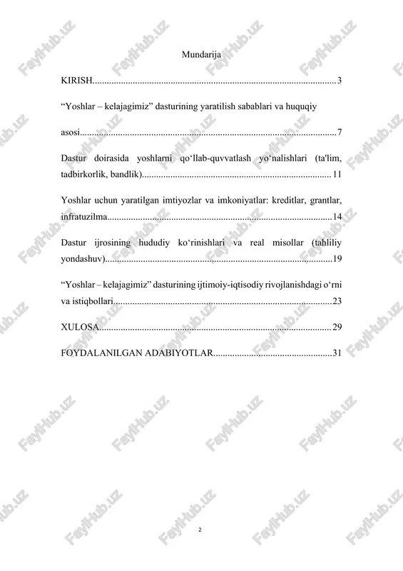 ivojiga qo‘shayotgan hissasini aniqlash bu kurs ishining dolzarbligini belgilab beradi. kurs ishining maqsadi. mazkur kurs ishining asosiy maqsadi — o‘zbekiston respublikasida yoshlarni har tomonlama qo‘llab-quvvatlashga qaratilgan "yoshlar – kelajagimiz" davlat dasturining mazmun-mohiyatini o‘rganish, uning jamiyatdagi ijtimoiy-iqtisodiy ahamiyatini tahlil qilish, amalga oshirilayotgan tadbirlar samaradorligini aniqlash hamda bu dastur doirasida yoshlar uchun yaratilayotgan imkoniyatlarni yoritishdan iborat. shuningdek, ushbu ish orqali quyidagi maqsadlarga erishish ko‘zda tutilgan: dastur doirasida belgilangan ustuvor yo‘nalishlarni o‘rganish; yoshlarning bandligi, tadbirkorligi va ijodk orligini qo‘llab-quvvatlash bo‘yicha amalga oshirilayotgan chora-tadbirlarni tahlil qilish; dastur samaradorligini amaliy misollar asosida ko‘rsatish; yoshlar siyosatining istiqbolli yo‘nalishlari bo‘yicha ilmiy xulosalar va takliflar ishlab chiqish. kurs ishining vazifalari. ushbu kurs ishida "yoshlar – kelajagimiz" davlat dasturining mazmuni va ahamiyatini ochib berish, uning yoshlar hayotidagi o‘rni va ta’sirini chuqur tahlil qilish ko‘zda tutilgan. dastur yaratilishining sabablari va asosiy maqsadlari yoritiladi. shuningdek, dastur doirasida belgilangan yo‘nalishlarning yoshlarning ijtimoiy-iqtisodiy faolligiga ta’siri o‘rganiladi. amalga oshirilgan loyihalar va ularning samaradorligi tahlil …