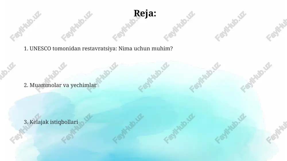 ilizatsiyasining asosiy elementi sifatida ta'kidlangan va kelajak avlodlar uchun muhim ahamiyatga ega. u milliy o'zlikni shakllantirishda muhim rol o'ynaydi, 2003-yilgi konventsiyaga binoan, urf-odatlar va an'analarni saqlash orqali jamiyatni birlashtiradi. madaniy meros, jumladan arxeologik yodgorliklar va tarixiy obidalar, turizmni rivojlantiradi va mahalliy iqtisodiyotga sezilarli darajada 40% foyda keltirishi mumkin. yuneskoning restavratsiya tamoyillari yunesko tamoyillari kontekstni muhofaza qilishni ta'minlaydi, ya'ni 1931-yilgi afina xartiyasi va 1972-yilgi jahon merosi konvensiyasi bilan belgilangan madaniy ahamiyatga ega joylarning atrof-muhitini saqlash vazifasini yuklaydi. yunesko restavratsiya tamoyillari materiallarni saqlashga qaratilgan, bunda 1964-yilgi venetsiya xartiyasi asosiy yo'nalish bo'lib, asl materiallarning buzilishini minimallashtirish talab etiladi. yunesko restavratsiya jarayonida qaytarilmaslik prinsipiga amal qiladi, bu esa yangi qo'shimchalar 1964-yilgi venetsiya xartiyasiga muvofiq asl qismdan aniq ajratilishi va tiklanish dokumentlashtirilishi zarurligini bildiradi. restavratsiya jarayoni restavratsiya ishlarida 3d modellash va lazerli skanerlash texnologiyalari yordamida obidaning aniq raqamli nusxasi yaratiladi, bu esa aniq tiklashga yordam beradi. restavratsiya jarayonida 20-asrning oʻrtalaridan boshlab, avvalgi qoʻllanilgan materiallar tahlili …