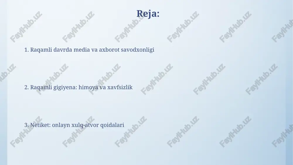 iy axborot filtrlash texnikasini o'rgatish, noto'g'ri ma'lumotlarni aniqlash va neytral nuqtai nazarni shakllantirishga yordam beradi. raqamli gigiena bo'yicha amaliy maslahatlar shaxsiy ma'lumotlaringizni himoya qiling: ikki faktorli autentifikatsiyani (2fa) yoqing, murakkab parollardan foydalaning va ularni har 90 kunda o'zgartiring, shaxsiy ma'lumotlarni himoya qiling. dasturiy ta'minotni yangilab turing: operatsion tizim, brauzer va ilovalaringizni muntazam ravishda yangilab turing. xavfsizlik patch'lari kiberxavfsizlikdan himoya qiladi. ular kamida 30-60 kun davomida o'rnatilishi kerak. xulosa xulosa - bu o'rganilgan ma'lumotlarning qisqa va aniq taqdimoti, asosiy dalillar va fikrlarni 30-40 so'z ichida jamlaydi. xulosalar faktlar asosida shakllantiriladi, taxminlarga asoslanmaydi va mavzuning 20-35 so'zda eng muhim jihatlarini qamrab oladi. e'tiboringiz uchun rahmat image4.png image6.jpg image7.jpg image8.jpg image9.jpg image10.jpg image11.jpg image12.jpg image3.jpeg