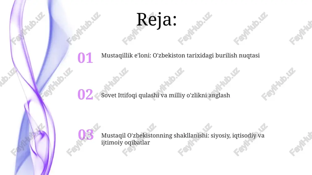 hlar iqtisodiyotda 1994-yilda milliy valyuta – so'mning joriy etilishi muhim voqea bo'ldi, bu esa mamlakatning moliyaviy mustaqilligini mustahkamlashga xizmat qildi. o'zbekiston 1992-yilda yangi konstitutsiyani qabul qildi, bu davlat tuzilishi, inson huquqlari va asosiy erkinliklarni mustahkamlovchi muhim siyosiy qadam bo'ldi. o'zbekistonning xalqaro maydonga chiqishi va tashqi siyosati o'zbekiston 1992-yilda bmtga a'zo bo'lib, xalqaro hamjamiyatning teng huquqli a'zosi sifatida tan olindi va bu respublikaning tashqi siyosatidagi muhim qadam bo'ldi. mamlakat 1995-yilda markaziy osiyo davlatlari bilan birgalikda markaziy osiyo yadro qurolidan xoli zona to'g'risidagi shartnomaga imzo chekdi, bu global xavfsizlikka qo'shilgan hissa. mustaqillikning o'zbekiston tarixidagi o'rni va ahamiyati o'zbekistonning 1991-yilda mustaqillikka erishishi 130 yildan ortiq rossiya imperiyasi va sovet ittifoqi tarkibida bo'lgan davrga barham berdi, milliy davlatchilikni tikladi. mustaqillik o'zbekistonga siyosiy suverenitet, o'z konstitutsiyasini qabul qilish va 1992-yilda bmtga a'zo bo'lish orqali xalqaro maydonda o'z o'rnini topish imkoniyatini berdi. e'tiboringiz uchun rahmat image5.jpg image6.jpg image7.jpg image8.jpg image9.jpg image10.jpg image11.jpg image1.jpeg image2.jpeg image3.jpeg
