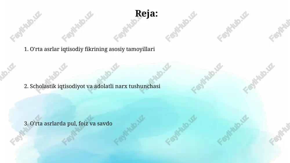 shni talab qilgan. savdo va moliya masalalari o'rta asrlarda kredit va foiz (riba) masalalari qat'iy tartibga solingan edi, ayniqsa, nasroniy jamiyatida, foiz olish katta gunoh hisoblanib, 5-10% gacha bo'lgan qarzlar noqonuniy edi. savdogarlar gildiyalari savdo qoidalarini belgilab, narxlarni nazorat qilgan. masalan, angliyadagi savdogarlar gildiyalari 12-14-asrlarda bozordagi narxlarni 20-30% gacha farq qilmasligini ta'minlagan. mehnat va hunarmandchilikning ahamiyati mehnat, xususan qishloq xo'jaligi mehnat, asosiy iqtisodiy faoliyat sifatida e'tirof etilib, jamiyatning oziq-ovqat bilan ta'minlanishida muhim rol o'ynadi, bu 70-80% aholi bandligini tushuntiradi. hunarmandchilik (temirchilik, to'qimachilik) 12-14-asrlarda shaharlarda rivojlanib, mahsulotlar ishlab chiqarish, savdo aloqalarini o'rnatish va gildiyalar (korporatsiyalar) tuzish orqali iqtisodiyotga hissa qo'shdi. o'rta asrlar iqtisodiy fikrining merosi o'rta asrlardagi iqtisodiy fikrlar, xususan avliyo tomas akvinskiyning adolatli narx tushunchasi, narxlarning axloqiy chegaralarini belgilab, adolat va barqarorlikka urg'u bergan. ibn xaldunning asabiyya konsepsiyasi, ijtimoiy birdamlikning iqtisodiy o'sishga ta'sirini ko'rsatadi va davlatning 120 yillik davrlar bilan belgilanadigan rivojlanishini tushuntiradi. e'tiboringiz uchun rahmat image2.png image3.jpg image4.jpg image5.jpg …