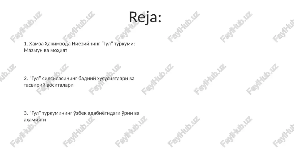 ing “gul” turkumidagi she'rlarida 2 asosiy badiiy uslub yaqqol ko'zga tashlanadi: realizm va romantizm. bu uslublar asarlarga o'ziga xos joziba bag'ishlaydi. “gul” turkumidagi obrazlar olami “gul” turkumidagi obrazlar olami 1918-1919 yillarda yaratilgan bo'lib, unda hamza insonning ma'naviy yuksalishi uchun kurashini aks ettiruvchi 12 dan ortiq she'riy obrazlarni yaratgan. turkumdagi ayrim obrazlar, masalan “yangi hayot guli” va “ozodlik guli” kabi asarlar, hamzaning ijtimoiy adolat va milliy ozodlik ideallarini targ'ib qiluvchi eng muhim 3 ta ramziy ifodalari hisoblanadi. “gul” turkumining ijtimoiy-siyosiy ahamiyati asarlarda 20-asr boshidagi turkistonning siyosiy va ijtimoiy ahvoli, jadidchilik harakati, ma’rifatparvarlik g’oyalari “gul” turkumida o’z ifodasini topgan, bu tarixiy ahamiyatga ega. “gul” turkumida 1920-yillarda jamiyatda roʻy bergan tub oʻzgarishlar, xususan, ayollarning ijtimoiy hayotda faol ishtiroki realistik tasvirlangan, bu muhim siyosiy ahamiyat kasb etadi. “gul” turkumining adabiy tanqiddagi o‘rni "gul" turkumi 20-asr o‘zbek adabiyotida yangi poetik shakllarni, xususan, erkin vazn va semantik o‘zgarishlarni kiritishdagi ahamiyati bilan adabiy tanqidda alohida o‘rin tutadi. …