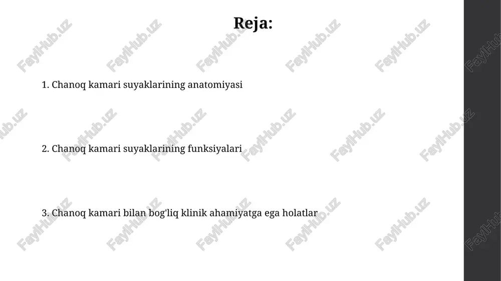 ikda sodir bo'ladi, bu erda sagittal tekislikda oldinga va orqaga egilishlar 5-10 darajagacha bo'lishi mumkin. tos mushaklari, jumladan, gluteus maximus, medius va minimus, tosning barqarorligini ta'minlaydi va oyoq harakatlarida ishtirok etadi, ularning kuchlanishi 15-25% gacha o'zgaradi. klinik ahamiyati pelvik sinishlar jiddiy asoratlarga olib kelishi mumkin, masalan, 20-30% hollarda qon ketishi, asab shikastlanishi va ichki organlarning jarohatlanishi kuzatiladi. ayollarda tos suyagi o'lchamlari muhim ahamiyatga ega, chunki 10 sm dan kam diametrli tos qismi normal tug'ilishga to'sqinlik qilishi mumkin. xulosa chanoq kamari suyaklari tananing yuqori qismini pastki qismiga bog'laydi, vaznni taqsimlaydi va harakatlanishda muhim rol o'ynaydi: 3 ta asosiy suyakning birlashishi orqali shakllanadi. chanoq suyagi anatomiyasini tushunish tibbiyot xodimlari uchun muhim ahamiyatga ega, chunki bu jarohatlarni, kasalliklarni tashxislash va davolashga imkon beradi hamda tug'ruq jarayonini osonlashtiradi. e'tiboringiz uchun rahmat image1.png image2.jpg image3.jpg image4.jpg image5.jpg image6.jpg image7.jpg image8.jpg