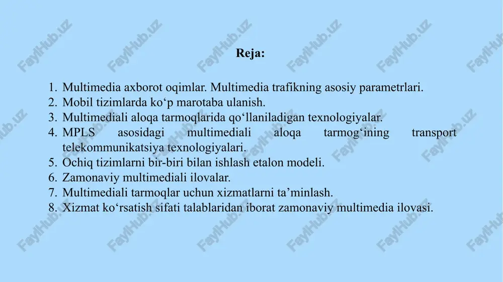 shi va sifatini aniqlash uchun quyidagi asosiy parametrlarga e'tibor beriladi: 1. bandwidth (kenglik, o‘tkazish qobiliyati) bu ma’lumotlarni uzatish uchun talab qilinadigan tarmoqning maksimal tezligi (bps - bit per second). misol: video oqimi uchun 2 mbps kerak bo‘lishi mumkin. 2. delay (kechikish) ma’lumotlarning manba nuqtadan maqsad nuqtaga yetib borish vaqtidir. real vaqtli multimedia uchun kechikish 150 ms dan kam bo‘lishi kerak. 3. jitter (o‘zgaruvchan kechikish) paketlarning uzatishda vaqt bo‘yicha o‘zgarishi. yuqori jitter sifatni pasaytiradi, ayniqsa ovoz va videoda. 4. packet loss (paket yo‘qotilishi) paketlarning yo‘qolishi yoki buzilishi. paketlar yo‘qolishi video va audio sifati pasayishiga olib keladi. 5. throughput (o‘tkazish qobiliyati real vaqt rejimida) tarmoq orqali haqiqiy ravishda uzatilgan ma’lumotlarning hajmi. 6. qo‘shimcha parametrlar: latency (keçikme): delay ga o'xshash, kechikish darajasi. bitrate: oqimdagi ma'lumotlarning uzatish tezligi. frame rate (kadr tezligi): video oqimlar uchun sekundda ko‘rsatiladigan kadrlar soni. 2.ko‘p marotaba ulanish nima? ko‘p marotaba ulanish (multiple access) — bu bir nechta foydalanuvchilarning bir …