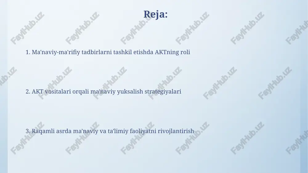 . ziyoratgohlarning virtual turlari 360 graduslik panoramalar va yuqori aniqlikdagi fotosuratlar orqali muqaddas joylarning har bir burchagini o'rganish imkoniyatini taqdim etadi. interaktiv ta'lim resurslari interaktiv ta'lim resurslari 21-asr talabalari uchun muhimdir. ular o'quv jarayonini qiziqarli qiladi va 75% gacha materiallarni yaxshiroq o'zlashtirishga yordam beradi. virtual laboratoriyalar va simulyatsiyalar kabi raqamli vositalar talabalarga 3d formatda ilmiy tushunchalarni tushunishga yordam beradi, bu esa samaradorlikni 60% ga oshiradi. ijtimoiy tarmoqlar va jamoalar ijtimoiy tarmoqlar 24/7 muloqotni ta’minlab, masofaviy ta’lim uchun platformalar, guruhlar va sahifalar orqali ma’ruza va treninglar tashkil etish imkonini beradi. onlayn jamoalar 100 dan ortiq a’zosi bilan turli mavzularda muhokamalar olib boradi, tajriba almashadi va o’zaro yordam berib, dolzarb muammolarni hal qilishda faol ishtirok etadi. mobil ilovalar va ularning imkoniyatlari mobil ilovalar 4g/5g aloqa orqali real vaqtda video-konferensiyalar tashkil etish, interaktiv ta'lim platformalarini yaratish hamda virtual ziyoratlar imkoniyatini beradi. ilovalar push-bildirishnomalari orqali muhim e'lonlar, tadbirlar haqida xabarlar va diniy darslar jadvalini …