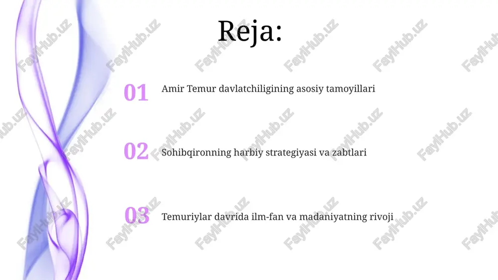 yaratish maqsadida soliq tizimini isloh qildi, 1370-yilda bir xil soliq stavkalari joriy etib, davlat g‘aznasini mustahkamladi. temur qonunchiligi, ayniqsa “temur tuzuklari”, davlat boshqaruvi, armiya tuzilishi va ijtimoiy adolat tamoyillarini qat'iy belgilab, hokimiyatni markazlashtirishga xizmat qildi. temur imperiyasi ma'muriy jihatdan viloyatlarga bo'lindi, ularni markazdan tayinlangan hokimlar boshqardi, bu esa mahalliy boshqaruvni markaz nazoratiga bo'ysundirdi. temurning iqtisodiy siyosati temur davlat xazinasini mustahkamlash uchun soliq tizimini isloh qildi, adolatli soliq yig'ishni ta'minladi va dehqonlar hamda hunarmandlarning yukini kamaytirishga harakat qildi. temur savdo aloqalarini rivojlantirishga katta e'tibor qaratdi, xitoy, hindiston va yevropa bilan savdoni rag'batlantirish uchun bojxona to'lovlarini kamaytirdi va yangi savdo yo'llarini ochdi. temur irrigatsiya tizimini rivojlantirishga katta investitsiyalar kiritdi, kanallar va suv omborlarini qurdi, bu qishloq xo'jaligi mahsuldorligini oshirdi va iqtisodiy o'sishga yordam berdi. ilm-fan va madaniyatga homiylik temur qurdirgan madrasalar, masjillar, kutubxonalar nafaqat ilm-fan markazi bo'lgan, balki me'morchilik san'atining noyob namunasi sifatida ham tarixga kirdi, xiv asr oxiri xv asr boshlarida. …