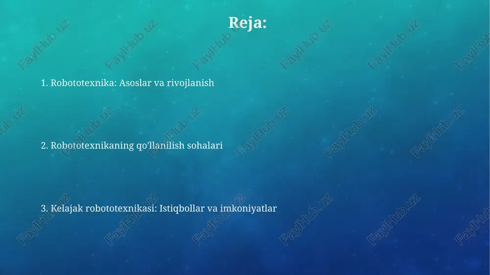 . robototexnikaning qo'llanilish sohalari sanoatda robototexnika og'ir vazifalarni avtomatlashtirish orqali xavfsizlikni oshiradi, masalan, 7/24 payvandlash, bo'yash va yig'ish jarayonlari, samaradorlikni 30% ga oshiradi. tibbiyotda robotlar jarrohlik amaliyotlarini yuqori aniqlik bilan bajarishga yordam beradi, masalan, da vinci roboti, bu esa bemorlarning tiklanishini 40% ga tezlashtiradi. sanoat robototexnikasi sanoat robototexnikasida 6 o'qli robotlar keng qo'llaniladi, ular payvandlash, bo'yash va yig'ish kabi vazifalarni yuqori aniqlikda bajaradi, bu esa ishlab chiqarish unumdorligini oshiradi. adaptiv robototexnika sanoatda sezilarli rol o'ynaydi, u real vaqtda o'zgaruvchan sharoitlarga moslashadi va 99% gacha xatoliklarni kamaytirib, sifat nazoratini yaxshilaydi. xizmat ko'rsatish robototexnikasi xizmat koʻrsatish robototexnikasi 2024-yilga kelib, 50 milliard dollarlik global bozorga ega boʻlishi kutilmoqda, bu esa logistika va chakana savdoda avtomatlashtirishni jadallashtiradi. sanoatda xizmat koʻrsatish robotlari, masalan, uv dezinfeksiya robotlari, 99,9% gacha virus va bakteriyalarni yoʻq qilishga qodir boʻlib, sogʻliqni saqlashda muhim ahamiyatga ega. tibbiyotda robototexnika robototexnika jarrohlikda minimal invaziv usullarni qo'llash imkonini beradi, bu esa operatsiyalar davomida 3d …
