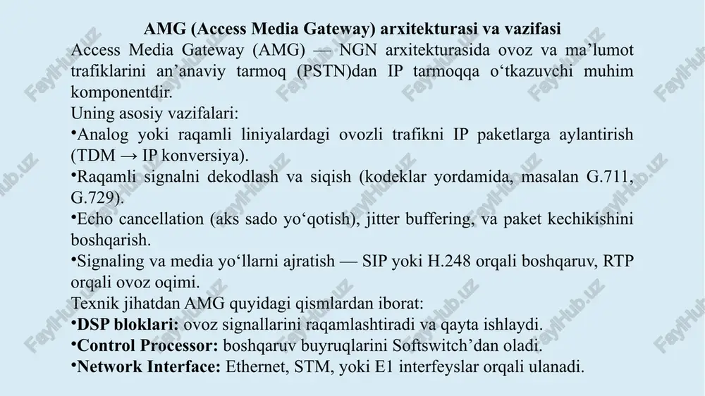 ekom yoki beeline kabi provayderlar orasida, signalizatsiya va ovoz almashinuvini ta’minlaydi. dslam (digital subscriber line access multiplexer) texnologiyasi dslam — dsl liniyalarini yig‘uvchi va transport tarmog‘iga yo‘naltiruvchi qurilma. asosiy funksiyasi — ko‘plab dsl abonentlarini birlashtirib, ularning signallarini ip yoki atm tarmog‘iga uzatish. u osi modelining 2–3 qatlamlarida ishlaydi. tuzilishi: line card: har bir abonent liniyasi uchun modem funksiyasi. aggregation switch: vlan orqali trafikni markaziy routerga yo‘naltiradi. backplane: dslam ichidagi ichki ulanish magistrali. qo‘llaniladigan texnologiyalar: adsl (24 mbit/s), adsl2+, vdsl (100 mbit/s), g.fast (1 gbit/s). qos, vlan tagging (ieee 802.1q), ip multicast (iptv uchun). dslam ishlash algoritmi abonentdagi xdsl modem raqamli signalni telefon liniyasi orqali yuboradi. dslam liniya kartasi signalni modulyatsiya qiladi va raqamlashtiradi. ip paketlarga o‘tkazilgan ma’lumot yuqori qatlamdagi router (bras) ga yo‘naltiriladi. bras radius server orqali foydalanuvchini autentifikatsiya qiladi. internet yoki iptv xizmatlariga kirish ruxsati beriladi. dslam-larda vlan (802.1q) yordamida har bir abonent alohida tarmoq identifikatoriga ega bo‘ladi, bu …
