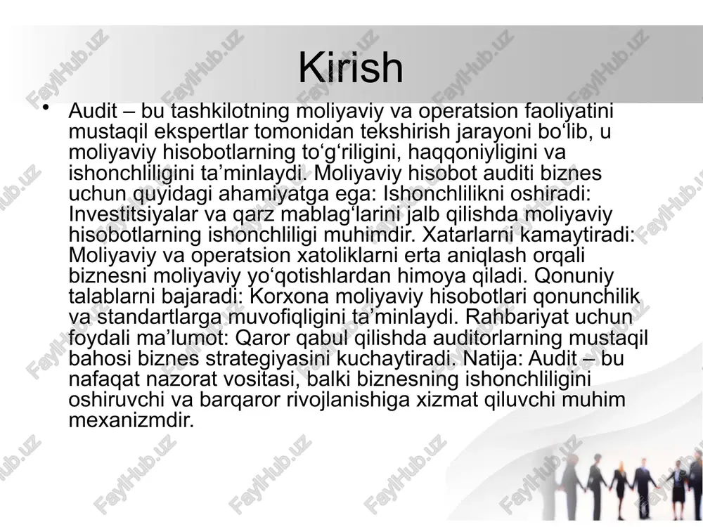 anganligini mustaqil ekspert nazaridan tasdiqlashdir. audit orqali moliyaviy axborotning ishonchliligi oshiriladi, xatoliklar yoki firibgarliklar aniqlanadi va foydalanuvchilarga — investorlar, kreditorlar, soliq organlari va boshqa manfaatdor tomonlarga — to‘g‘ri qaror qabul qilish imkoniyati beriladi. audit rejalashtirishning ahamiyati audit rejalashtirish – bu audit jarayonining samarali va tizimli o‘tishini ta’minlash uchun amalga oshiriladigan asosiy bosqichdir. u auditorlarga auditning maqsad va vazifalarini aniqlash, muhim xatarlarni baholash va resurslarni optimal taqsimlash imkonini beradi. rejalashtirish natijasida audit jarayoni tezkor, aniqlik va ishonchlilik bilan olib boriladi, shuningdek, moliyaviy va operatsion xatoliklarning oldini olishga yordam beradi. shu bilan birga, audit rejalashtirish tashkilot rahbarlari va manfaatdor tomonlar uchun ishonchli hisobotlar tayyorlashni kafolatlaydi. audit standartlari audit standartlari — bu auditorlar faoliyatini tartibga soluvchi, audit ishlarini samarali va sifatli amalga oshirishni ta’minlaydigan professional qoidalar majmui. standartlar auditorlarga tekshiruv jarayonida metodik yo‘l-yo‘riq beradi, xatoliklar va noto‘g‘ri xulosalarni kamaytirishga yordam beradi hamda moliyaviy hisobotlarning ishonchliligini oshiradi. audit standartlari xalqaro (isa – international standards …