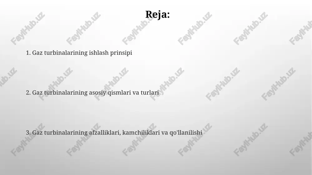va dizel yoqilg'isi ishlatiladi, ularning yonish jarayoni taxminan 1500-2000 °c haroratda yuqori samaradorlikni ta'minlaydi. yonish jarayoni doimiy bosimda sodir bo'ladi, bunda havo va yoqilg'i aralashmasi yonish kamerasiga kiritilib, kislorod bilan reaksiyaga kirishib issiqlik energiyasini hosil qiladi. afzalliklari va kamchiliklari afzalliklari orasida yuqori quvvat zichligi bor, bu gaz turbinalarining nisbatan kichik hajmi bilan katta miqdorda (masalan, 100 mvt) energiya ishlab chiqarish imkonini beradi. kamchiliklaridan biri shundaki, gaz turbinalari boshqa issiqlik dvigatellariga nisbatan yuqori ish haroratlarida (900-1300°c) ishlaydi, bu qimmat materiallardan foydalanishni talab qiladi. qo'llash sohalari gaz turbinalari elektr stansiyalarida 60% gacha samaradorlikka erishish imkonini beradi, elektr energiyasi ishlab chiqarish uchun tabiiy gaz yoki sintetik yoqilg'idan foydalanish imkoniyati mavjud. aviatsiya sanoatida gaz turbinalari samolyotlarni harakatga keltirish uchun ishlatiladi, bunda turbofan dvigatellari keng tarqalgan bo'lib, yuqori tezlik va ishonchlilikni ta'minlaydi. texnik xususiyatlar va ko'rsatkichlar gaz turbinalarining ishlash xususiyatlaridan biri - bu ularning solishtirma yoqilg'i sarfi (sfc) bo'lib, odatda 0,25 dan 0,6 kg/kvt·soat gacha, …