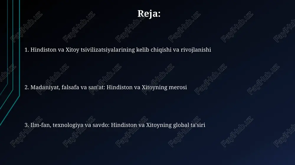 ik va tabiatga mos boʻlish deganidir. ijtimoiy tuzilma va madaniyat hindistonda kasta tizimi ijtimoiy tuzilmaning asosiy elementi bo'lib, odamlarni brahmanlar (ruhoniylar), kshatriyalar (jangchilar), vaishyalar (savdogarlar) va sudralar (ishchilar) kabi to'rtta asosiy guruhga bo'linadi. xitoyda konfutsiychilik madaniyati ijtimoiy tuzilmaga katta ta'sir ko'rsatdi, unda oilaviy munosabatlar, oqsoqollarga hurmat va 5 ta asosiy ijtimoiy munosabatlar muhim ahamiyatga ega edi. iqtisodiy rivojlanish va savdo hindiston va xitoyda miloddan avvalgi 2-asrda rim bilan savdo aloqalari ziravorlar, to'qimachilik va metall buyumlari orqali amalga oshirilgan va bu mahalliy iqtisodiyotni sezilarli darajada rivojlantirdi. ipak yo'li xitoy va hindiston o'rtasidagi savdoni sezilarli darajada oshirdi, chunki bu yo'l orqali chinni, ipak va boshqa qimmatbaho tovarlar olib o'tilib, mintaqaviy bozorlar gullab yashnadi. ilm-fan, texnologiya va ixtirolar hind matematiklari 5-asrdayoq nol tushunchasini ishlab chiqdilar va uni hisoblashlarda ishlatdilar, bu esa muhim algebraik yutuqlarga yo'l ochdi. xitoyda buyuk ipak yo'li orqali keng tarqalgan to'qimachilik texnologiyalari, jumladan, ipak qurti yetishtirish va to'quv dastgohlari ishlab …