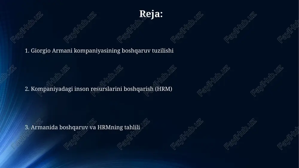 linadi, masalan, marketing, moliya va operatsiyalar, har biri o'z vazifalarini bajaradi. divizion boshqaruv tuzilmasida kompaniya geografik joylashuv yoki mahsulot liniyasi kabi alohida bo'linmalarga ajratiladi, har biri o'z resurslariga ega. yuqori boshqaruv yuqori boshqaruv armani kompaniyasida strategik qarorlar qabul qiladi, jumladan, yangi bozorlarga kirish va yirik investitsiya loyihalarini moliyalashtirish uchun 10 yillik rejalarni tasdiqlash. bosh direktor (ceo) armani kompaniyasining kundalik operatsiyalarini nazorat qiladi va uning marketing bo'limiga har chorakda 20% o'sishni ta'minlash vazifasini yuklaydi. bo'limlar va funksional bo'linmalar giorgio armani kompaniyasining bo'limlari, masalan, erkaklar kiyimi, ayollar kiyimi va aksessuarlar, har biri o'zining biznes maqsadlariga erishish uchun alohida faoliyat yuritadi. funksional bo'linmalar, jumladan, moliya, marketing va operatsiyalar, armani bo'ylab resurslarni optimallashtirish va samarali faoliyat ko'rsatishni ta'minlash uchun markazlashgan xizmatlarni taqdim etadi. boshqaruv tuzilmasining diagrammasi armani boshqaruv tuzilmasi odatda ierarxik bo'lib, bosh direktor (ceo) tepada turadi va uning ostida bo'lim boshliqlari va menejerlar joylashgan. u 5-7 darajali boshqaruvni o'z ichiga olishi mumkin. kompaniyaning …