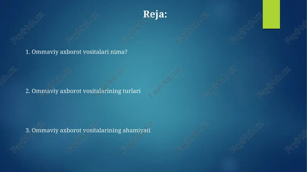 l madaniyatini shakllantiradi va odamlarni haddan tashqari xarajat qilishga undaydi. ommaviy axborot vositalarining kelajagi ai texnologiyalari ommaviy axborot vositalarini inqilob qiladi, 85% gacha yangiliklar yaratishda yordam beradi va shaxsiylashtirilgan kontent yetkazib beradi. vr/ar texnologiyalari 2030 yilga borib ommaviy axborot vositalarida immersive tajribalar yaratadi, auditoriyaning 60%i interaktiv reportajlarni afzal ko'radi. e'tiboringiz uchun rahmat image7.jpg image8.jpg image9.jpg image10.jpg image11.jpg image12.jpg image1.png image2.png image3.png image4.png