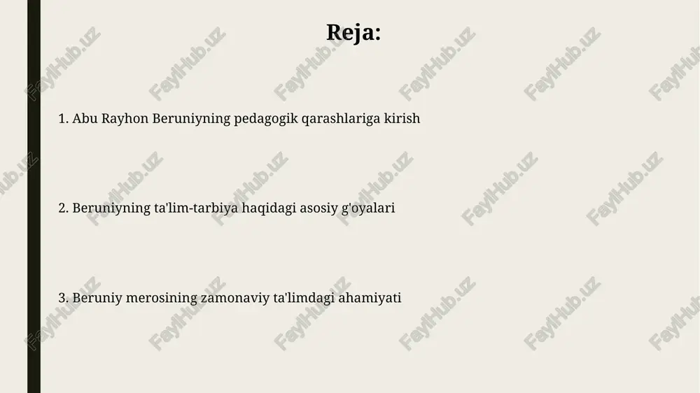 . bu 2 yoki 3 yillik davrda o'zlashtirishga yordam beradi. axloqiy tarbiya va uning ahamiyati axloqiy tarbiya, beruniy fikricha, shaxsning 3 asosiy jihatini: aql, his-tuyg'u va irodani rivojlantirishga qaratilgan 9 ta muhim qadriyatlarni shakllantiradi. beruniy ta'kidlashicha, axloqiy tarbiya jamiyatning 7 ta asosiy muammosini hal etishda muhim ahamiyatga ega, shu jumladan adolatsizlik va jaholatga qarshi kurashishda. xulosa beruniyning pedagogik qarashlari xulosasi, o'quvchilarni 10-11 yoshdan boshlab, ularning qobiliyatini hisobga olgan holda o'qitishni ta'kidlaydi. uning xulosalari, aniq fanlarni o'qitishda amaliy mashg'ulotlar va tajribalarning 75% ahamiyatga ega ekanligini ko'rsatadi. e'tiboringiz uchun rahmat image2.jpg image3.jpg image4.jpg image5.jpg image6.jpg image7.jpg image8.jpg