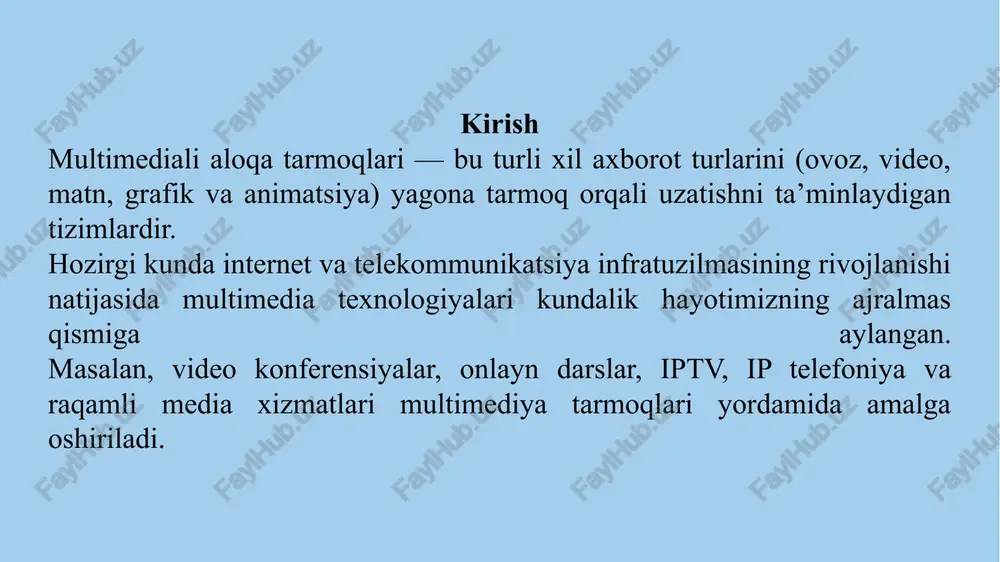eal vaqt rejimida media oqimlarni tashish uchun. bu standartlar turli multimedia platformalarining o‘zaro integratsiyasini ta’minlaydi. h.323 standartining mohiyati h.323 itu-t tomonidan ishlab chiqilgan multimedia aloqa protokollari to‘plamidir. u ip tarmoqlarda ovoz, video va ma’lumot uzatishni qo‘llab-quvvatlaydi. h.323 tizimi quyidagi komponentlardan tashkil topadi: terminal – foydalanuvchi qurilmasi (kompyuter, ip telefon, videokamera). gateway – an’anaviy tarmoq bilan ip tarmoq o‘rtasidagi vositachi. gatekeeper – ulanishlarni boshqaruvchi va manzillashni ta’minlovchi qurilma. mcu (multipoint control unit) – ko‘p foydalanuvchi videokonferensiyalarni boshqaradi. h.323 tizimi korporativ tarmoqlarda keng qo‘llaniladi. quyi sath protokollari multimedia tarmoqlari osi modelining pastki sathlarida ishlovchi bir qator protokollarga asoslanadi. fizik sath: optik tolali liniyalar, mis sim, wi-fi, 5g kabi uzatish muhitlari. kanal sathi: ethernet, ppp, mpls kabi protokollar orqali ma’lumot uzatiladi. quyi sath protokollari tarmoqda ma’lumot paketlarini ishonchli yetkazib berish, adreslash va uzatish tezligini boshqarish vazifasini bajaradi. bu sath multimedia oqimlari uchun zarur bo‘lgan tezlik va kechikish darajasini belgilaydi. transport sathi protokollari multimedia …