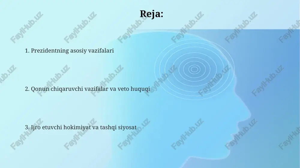 gilaydi, davlat hokimiyati va boshqaruv organlarining muvofiqlashtirilgan holda faoliyat yuritishini ta'minlaydi. ijro etuvchi hokimiyat boshlig'i sifatidagi vakolatlari prezident o'zbekiston respublikasi hududida qonunlar ijrosini ta'minlaydi, vazirlar mahkamasi faoliyatini yo'naltiradi va rahbarlik qiladi, bu uning ijro etuvchi hokimiyat boshlig'i sifatidagi muhim vazifasidir. oliy majlis palatalarining qo'shma majlisida har yili mamlakatning ijtimoiy-iqtisodiy hayotining eng muhim masalalari yuzasidan murojaatnoma bilan chiqish prezidentning ijro hokimiyatidagi vakolatlaridan biridir. prezident respublika davlat boshqaruvi organlarini tuzadi va ularning faoliyatini tashkil etadi, bu orqali ijro etuvchi hokimiyatning samarali ishlashini ta'minlaydi hamda nazorat qiladi. qonunchilik sohasidagi vakolatlari o'zbekiston prezidenti qonunlarni imzolash va e'lon qilish vakolatiga ega, bu qonunlar rasmiy kuchga kirishi uchun zaruriy protsedura hisoblanib, 30 kun ichida amalga oshiriladi. prezident qonun loyihalarini oliy majlisga kiritish huquqiga ega, bu uning qonunchilik tashabbusi vakolatining muhim bir qismi bo'lib, 80 dan ortiq qonun loyihasi shu asosda kiritilgan. prezidentning farmonlari va qarorlari qonun kuchiga ega bo'lishi mumkin, lekin ular konstitutsiya va qonunlarga zid …