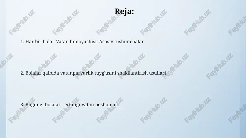 rbiy-vatanparvarlik ruhini oshirishga qaratilgan, unda 14 yoshdan 17 yoshgacha bo'lgan o'smirlar qatnashadi. musobaqalar dasturiga harbiy bilimlar, jismoniy tayyorgarlik, otish, to'siqlardan o'tish va safda yurish kabi 5 ta asosiy yo'nalish bo'yicha topshiriqlar kiritilgan. "yosh himoyachilar" respublika bosqichida g'olib bo'lgan jamoalar o'zbekiston mudofaa vazirligi tomonidan qimmatbaho sovg'alar, diplomlar va esdalik nishonlari bilan taqdirlanadilar. vatan himoyachilariga hurmat 9-may, xotira va qadrlash kuni, ikkinchi jahon urushida qatnashgan va vatan himoyasida halok bo'lgan qahramonlarni yod etish, shuningdek, faxriylarni e'zozlash uchun muhim sanadir. «vatan himoyachilariga hurmat» tushunchasi, o'zbekiston respublikasi konstitutsiyasining 52-moddasida mustahkamlangan bo'lib, har bir fuqaroning muqaddas burchi ekanligini anglatadi. o'zbekiston qurolli kuchlari tashkil etilgan kun, 14-yanvar, vatan himoyachilari kuni sifatida nishonlanib, harbiy xizmatchilarga hurmat va ehtirom ko'rsatiladi. oilada vatanparvarlik tarbiyasi oilada vatanparvarlik, 10 yoshdan boshlab, vatanga muhabbat hissini uyg'otish uchun milliy qahramonlar hayoti bilan tanishtirish orqali kuchaytiriladi. oilada vatanparvarlik tarbiyasi, avvalo, erta yoshdan milliy qadriyatlar, urf-odatlar va 9-may xotira kunini anglash orqali shakllanadi. farzandlar, 1991-yilda …