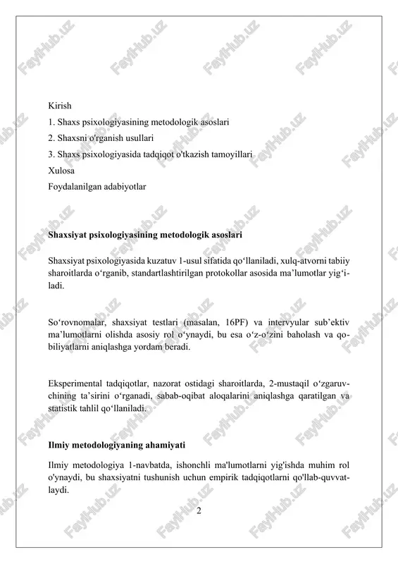 uli "kuzatuv usuli" shaxsiyat psixologiyasida xatti-harakatlarni bevosita qayd etishni o'z ichiga oladi, bunda ob'ekt 24/7 davomida kuzatiladi va ma'lumotlar 100% haqqoniylik bilan yozib olinadi. kuzatuv usuli 7 xil turga bo'linadi, jumladan, tabiiy sharoitlarda kuzatish, laboratoriya kuzatuvi, ishtirok etuvchi kuzatuv va ishtirok etmaydigan kuzatuvlar, bu usullar 10 dan ortiq tadqiqot maqsadlarida qo'llaniladi. shaxsiyatni o'rganishda "kuzatuv usuli" sub'ektning xatti-harakatlarini 5 ta asosiy parametr bo'yicha tahlil qilishni talab etadi: tezlik, chastota, intensivlik, davomiylik va aniqlik, bu esa 90% ishonchli natijalarni beradi. so'rovnoma usuli so'rovnoma usuli shaxsiyatni o'rganishda keng qo'llaniladi, 100 dan ortiq savollardan iborat bo'lib, respondentning o'zini baholashiga asoslangan ma'lumotlar to'plash imkonini beradi. likert shkalasi kabi 5-7 ballik reyting shkalalaridan foydalanish so'rovnoma usulida xatoliklarni kamaytirishga yordam beradi va natijalarni statistik tahlil qilishni osonlashtiradi. standartlashtirilgan so'rovnomalar, masalan, big five inventory (bfi), shaxsiyatning 5 ta asosiy xususiyatini (nevrotizm, ekstraversiya, ochiqlik, kelishuvchanlik, vijdonlilik) aniqlash uchun ishlatiladi. intervyu usuli intervyu usuli shaxsiyatni o'rganishda keng qo'llaniladi, respondentdan og'zaki …
