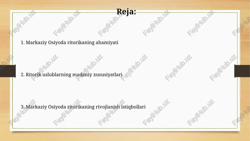 20-asrning oxirida mustaqillikdan so'ng, ritorika rivojlanishi qiyin bo'ldi, chunki 5 respublikada 7 dan ortiq til bor, bu esa tushunmovchilikka olib keldi. ritorikaning siyosiy va ijtimoiy hayotga ta'siri ritorika, ayniqsa siyosiy nutqlarda, 20-asrning oxirida milliy o'zlikni shakllantirish va mustaqillik g'oyalarini targ'ib qilishda muhim rol o'ynadi. ijtimoiy hayotda ritorika, ayniqsa 1990-yillarda, norozilik namoyishlari va matbuot anjumanlarida jamiyatning fikrini shakllantirishda katta ta'sir ko'rsatdi. xulosa: markaziy osiyoda ritorikani rivojlantirish istiqbollari markaziy osiyoda ritorikani rivojlantirish istiqbollari 2030 yilga borib, diplomatik muzokaralarda 15% ga oshishi, xalqaro munosabatlarda esa muhim rol o'ynashi kutilmoqda. ritorik mahoratni oshirish dasturlari 5 yil ichida 2000 dan ortiq yosh liderlarga ta'lim beradi va ularning kommunikatsiya ko'nikmalarini 30% ga yaxshilashga qaratilgan. e'tiboringiz uchun rahmat image8.jpg image9.jpg image10.jpg image11.jpg image12.jpg image13.jpg image14.jpg image3.png image4.png