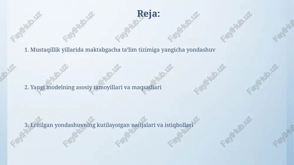 larini rivojlantiradi. ilk qadamlar ta'lim standarti bilan bog'liq. pedagog kadrlar salohiyatini oshirish mustaqillik davrida pedagog kadrlar salohiyatini oshirish maqsadida yangi 'uzluksiz ta'lim' tizimi joriy etildi, bu esa har 5 yilda malaka oshirishni nazarda tutadi. 2017-yildan boshlab respublikada 14 ta pedagogika instituti tashkil etildi, ularning asosiy vazifasi - maktabgacha ta'lim uchun yuqori malakali mutaxassislarni tayyorlashdan iborat. ota-onalar bilan hamkorlik va jamiyat ishtiroki "mahalla" jamg'armasi orqali erta rivojlanish markazlari tashkil etildi, bu 2020-yilda boshlanib, ota-onalar va bolalar uchun 1200 ta dasturni qamrab oldi. 3 yoshdan 6 yoshgacha bo'lgan bolalarni maktabgacha ta'lim bilan qamrab olishni 80% ga yetkazish maqsadida ota-onalar uchun "aqlli ota-ona" loyihasi joriy etildi. kutilayotgan natijalar va istiqbollar mustaqillik yillarida 6 yoshli bolalarni maktabga tayyorlash darajasi 20% dan 75% gacha oshdi, bu esa kelajakdagi ta'lim uchun mustahkam poydevor yaratdi. davlat-xususiy sheriklik asosida 1000 dan ortiq yangi maktabgacha ta'lim tashkilotlari ochildi, bu esa qamrovni kengaytirish va sifatni oshirishga xizmat qiladi. e'tiboringiz uchun …