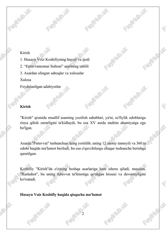 hasi 11-12-asrlarda shakllangan boʻlib, saxovat, muruvvat va oliyjanoblik kabi 3 fazilatni oʻzida mujassam etadi, bu esa jamiyatda hurmatga sazovor bo'lishga yordam bergan. futuvvatning ahamiyati shundan iboratki, u insonlar oʻrtasida 4 asosiy tamoyil: doʻstlik, sadoqat, hamdardlik va yordam berish orqali ijtimoiy birdamlikni mustahkamlagan. futuvvatnomalar 14 dan ortiq turli xil axloqiy va ma'naviy qadriyatlarni targ'ib qiladi, bu esa o'z navbatida jamiyatda adolat va insonparvarlik g'oyalarining rivojlanishiga turtki bo'lgan. asarda futuvvat tamoyillarining aks etishi asarda saxovat, 4 darajali oliyhimmatlik, kechirimlilik kabi futuvvat tamoyillari keng yoritilgan, bu esa jamiyatdagi ijobiy munosabatlarni mustahkamlashga qaratilgan. koshifiyning asarida futuvvatning 12 asosiy qoidasi, jumladan, ahdga sodiqlik, rostgoʻylik va sadoqat kabi insoniy fazilatlar namoyon etilgan. “futuvvatnomai sultoni”da mehmonnavozlik futuvvatning muhim bir qismi sifatida tasvirlangan; mehmonni hurmat qilish 3 martalik tamoyilga asoslangan. sultonlik futuvvatining o'ziga xos xususiyatlari sultonlik futuvvatida adolat me'yori muhim, hukmdor 12 toifa xalq manfaati uchun qonun chiqarib, ularni himoya qilishi, ijtimoiy barqarorlikka erishishi shart edi. sultonlik futuvvati …