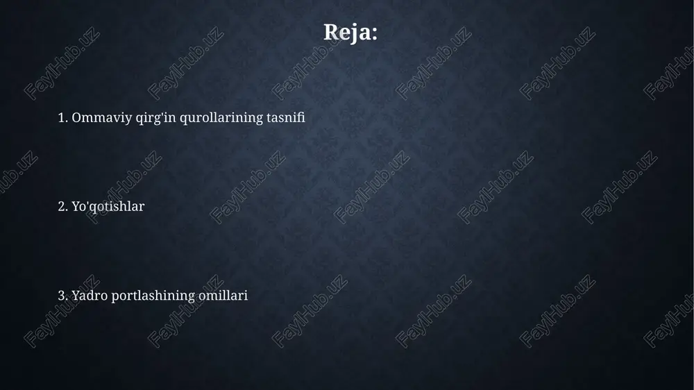 ishda gumon qilingan. tarqalish xavfi yuqori, chunki mikroorganizmlarni ishlab chiqarish nisbatan arzon va yashirin bo'lishi mumkin, laboratoriyalar 1000 dollar atrofida xarajat qilishi mumkin. radiologik qurollar ('iflos bomba') radiologik qurollar 'iflos bomba' portlashi an'anaviy portlovchi moddalar yordamida radioaktiv materiallarni tarqatadi, bu esa nisbatan kichik hududda radioaktiv ifloslanishni keltirib chiqaradi, ammo yadroviy portlashdan kam zarar yetkazadi. iflos bomba yaratish uchun seziy-137 yoki kobalt-60 kabi radioaktiv izotoplar ishlatilishi mumkin; ularning yarim yemirilish davri uzoqroq bo'lgani tufayli, hududning uzoq muddatli ifloslanishi xavfi ortadi. ommaviy qirg'in qurollaridan yo'qotishlar: tarixiy misollar hiroshima va nagasakidagi atom bombalari 1945-yilda yuz minglab odamlarning o'limiga sabab bo'ldi, ya'ni radiatsiya ta'siridan uzoq muddatli oqibatlar yuzaga keldi. birinchi jahon urushida kimyoviy qurollardan foydalanish, xususan, xlor va iprit, o'n minglab askarlarning o'limiga va jiddiy jarohatlanishiga olib keldi. yadro portlashining boshlang'ich omillari yadro portlashining dastlabki omillari orasida yorug'lik nurlanishi bor, bu issiqlik energiyasining 35% ini tashkil etadi va terining kuyishi va yong'inlarga olib kelishi …