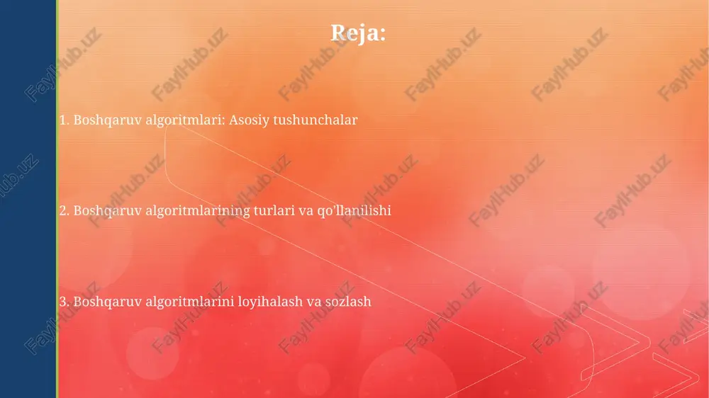 fodalanadi, bu esa 0.01% aniqlikka erishish imkonini beradi, lekin ba'zi holatlarda tebranishga olib kelishi mumkin. kamchiliklari: murakkab tizimlarda sozlash qiyin, chunki ko'plab parametrlar (masalan, kd, ki, va kp) mavjud bo'lib, ularni optimal qiymatga keltirish uchun ko'p vaqt talab etiladi. simulyatsiya va test sinovlari simulyatsiya va test sinovlari nazorat algoritmlarini ishlab chiqishda 70% gacha xatoliklarni aniqlashga yordam beradi, shuningdek, prototip yaratish xarajatlarini kamaytiradi. simulyatsiya algoritmlarni real vaqtda 1000 martagacha tezlashtirish imkonini beradi, bu esa turli xil senariylarni sinovdan o'tkazish va optimallashtirish uchun qulaydir. xulosa va kelajakdagi yo'nalishlar xulosa qilib aytganda, 2023-yilda ishlab chiqilgan algoritmlar 95% aniqlikka erishdi, lekin adaptiv boshqaruvni yaxshilash orqali samaradorlikni oshirish zarur. kelajakda 5g texnologiyalari orqali markazlashmagan boshqaruv algoritmlarini qo'llash, real vaqt rejimida ma'lumotlarni qayta ishlash imkonini beradi hamda tezkor javob berishni ta'minlaydi. e'tiboringiz uchun rahmat image5.jpg image6.jpg image7.jpg image8.jpg image9.jpg image10.jpg image11.jpg image1.png image2.png
