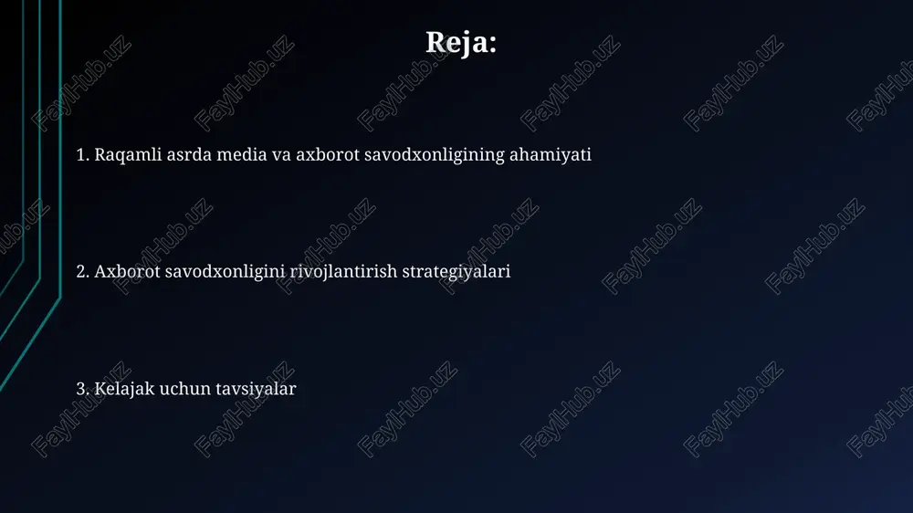 ratishga yordam beradi, bu esa 95% hollarda to‘g‘ri qaror qabul qilish imkonini beradi. axborot savodxonligi, ayniqsa, yoshlar uchun muhim, chunki ularning 80% ijtimoiy tarmoqlardan foydalanadi va noto‘g‘ri ma’lumotlarga duch kelishi ehtimoli yuqori. media va axborot savodxonligini qanday rivojlantirish mumkin? tanqidiy fikrlashni rivojlantirish: ma'lumotlarni baholash, manbalarni tekshirish va 5w1h (kim, nima, qayerda, qachon, nima uchun, qanday) savollariga javob izlash orqali faktlarni ajratish muhimdir. raqamli vositalardan foydalanish ko'nikmalarini oshirish: turli platformalar, dasturlar va axborot texnologiyalari bilan tanishish, 2 faktorli autentifikatsiya kabi xavfsizlik choralarini qo'llash lozim. xulosa va kelajakka nazar kelajakdagi tendentsiyalar, masalan, sun'iy intellektning rivojlanishi media savodxonligini yanada muhimroq qiladi, chunki yolg'on ma'lumotni aniqlash qiyinlashadi. keyingi tadqiqotlar media va axborot savodxonligining ijtimoiy ta'sirini, jumladan, siyosiy ishtirok va fuqarolik jamiyatidagi ishtirokini baholashi kerak. e'tiboringiz uchun rahmat image1.png image2.jpg image3.jpg image4.jpg image5.jpg image6.jpg image7.jpg image8.jpg