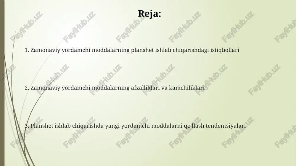 7 daqiqada parchalanishini ta'minlab, dori so'rilishini tezlashtiradi. yangi yordamchi moddalarning afzalliklari yangi yordamchi moddalar planshetlarning eruvchanligini 25-30% ga oshirishi mumkin, bu esa biologik mavjudlikni yaxshilaydi va dori ta'sirining tezligini oshiradi. zamonaviy yordamchi moddalar kompressiyalash qobiliyatini 15-20% ga oshiradi, bu esa planshetlarning qattiqligi va sinuvchanligini optimallashtirish imkonini beradi. yangi polimerlar kabi yordamchi moddalar dorivor moddalarni 5-10 soatgacha uzaytirilgan holda chiqarishni ta'minlaydi, bu esa dozalash rejimini yaxshilaydi. so'nggi yillarda ishlab chiqilgan yordamchi moddalar seluloza hosilalari, masalan, mikrokristalin seluloza (mcc) ning yangi avlodlari, yuqori zichlikka erishishga yordam beradi va tabletka mustahkamligini 15-25% ga oshiradi. so'nggi yillarda manitol va sorbitoldan hosil bo'lgan yangi polimer - pharmaburst 500, tez eriydigan tabletkalar uchun ishlatilib, og'izda 20-30 soniyada erishini ta'minlaydi. ko'p funksiyali yordamchi moddalar, masalan, silicified mcc, bog'lovchi va parchalovchi vazifalarini bajarib, formulani soddalashtiradi va ishlab chiqarish xarajatlarini 10-18% ga kamaytiradi. to'g'ridan-to'g'ri presslash uchun yordamchi moddalar to'g'ridan-to'g'ri presslash uchun yordamchi moddalar, masalan, laktoza monohidrat va kraxmal, tabletkalarning …