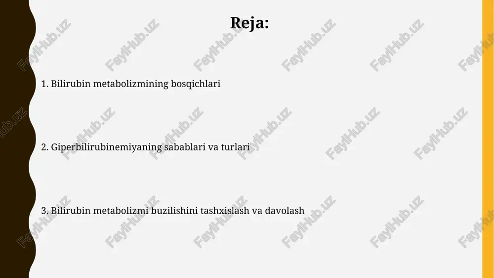 a1) fermenti yordamida bilirubinni bilirubin diglyukuronidga aylantiradi, bu esa uni suvda eruvchan va safro bilan chiqarishga yordam beradi. jigar hujayralarida (gepatotsitlarda) sodir bo'ladigan konjugatsiya, bilurubinga glyukuron kislotasi qoldiqlarini qo'shadi, natijada uning qutbligi oshadi va bu buyraklar orqali chiqarilishini osonlashtiradi. konjugatsiyalangan bilirubinning ajralishi konjugatsiyalangan bilirubinning ajralishi, asosan, o't yo'llari orqali amalga oshadi, bunda taxminan 500-800 mg bilirubin glyukuronid har kuni ichakka chiqariladi. ichakda, konjugatsiyalangan bilirubin beta-glyukuronidaza fermenti ta'sirida dekonjugatsiya bo'lib, erkin bilirubin hosil qiladi, bu jarayon normal fiziologik holat hisoblanadi. bilirubin metabolizmining buzilishlari: giperbilirubinemiya giperbilirubinemiyaning bir turi gilbert sindromi boʻlib, upd-glukuroniltransferaza fermentining faolligi 70-80% gacha kamayishi natijasida kelib chiqadi, bu esa konjugatsiyalanmagan bilirubinning koʻpayishiga olib keladi. yangi tug'ilgan chaqaloqlardagi fiziologik sariqlik - bu neonatal giperbilirubinemiyaning keng tarqalgan shakli bo'lib, gepatik fermentlarning yetarli darajada rivojlanmaganligi sababli bilirubin konjugatsiyasi va ekskretsiyasining vaqtinchalik buzilishi bilan bog'liq. sariqlik turlari va sabablari gemorolitik sariqlik, qizil qon hujayralarining tez parchalanishi natijasida kelib chiqadi. bu, bilirubinning ortiqcha ishlab …