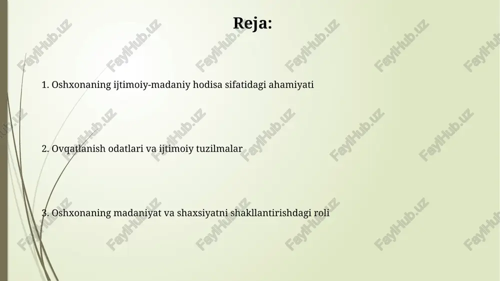 ol naqshlarida farqlanadi: yuqori sinflar 5 xil taomdan iborat menyularga ega, ishchilar esa oddiy, ozuqaviy taomlarni tanlaydi. oshxonaning san'at va ommaviy axborot vositalarida aks etishi oshxona, ayniqsa xx-xxi asrlarda, televidenie shoularida 100 dan ortiq ko'rsatuvda bosh qahramon sifatida namoyon bo'lib, oshpazlik mahoratini san'at darajasiga ko'tardi. ijtimoiy tarmoqlarda ovqat suratlari va videolari 75% gacha ommalashgan, bu esa ovqatlanishni vizual madaniyatning muhim qismiga aylantirib, oshxonani aks ettiradi. globalizatsiya va oshxona: madaniyatlararo almashinuv va gibridlanish globalizatsiya tufayli, 'sushi' kabi yapon taomlari butun dunyo bo'ylab tarqaldi va mahalliy ingredientlar bilan moslashib, 100 dan ortiq yangi navlarni yaratdi. oshxonaning globalizatsiyasi natijasida 'fusion' oshxonasi paydo bo'ldi, bu esa ikki yoki undan ortiq madaniyatning taomlarini birlashtirib, 50 dan ziyod yangi taom turini yaratadi. e'tiboringiz uchun rahmat image2.jpg image3.jpg image4.jpg image5.jpg image6.jpg image7.jpg image8.jpg