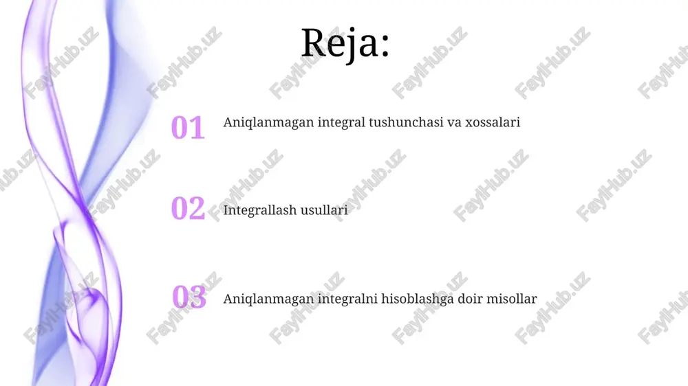 du ko'rinishga keladi, bu yechishni osonlashtiradi. bo'laklab integrallash usuli bo'laklab integrallash usuli ∫udv = uv - ∫vdu formulaga asoslanadi, bunda u va v x funksiyalari, ularning differensiallari mos ravishda du va dv hisoblanadi. bu usul ko'pincha ∫x⋅sin(x) dx yoki ∫x⋅e^x dx kabi integralni hisoblashda qo'llaniladi, bunda x darajali funksiya va trigonometrik yoki eksponensial funksiya ko'paytmasi mavjud. ratsional kasrlarni integrallash ratsional kasrni integrallashda, kasr toʻgʻri boʻlishi kerak, ya’ni suratdagi koʻphadning darajasi maxrajdagi koʻphadning darajasidan kichik boʻlishi shart. agar aksincha boʻlsa, bo'lish amalini bajarish lozim. agar maxrajdagi koʻphad chiziqli koʻpaytuvchilarga ajralsa (masalan, (x - a), (x - b)), kasrni sodda kasrlarga yoyish mumkin, har bir koʻpaytuvchi uchun a/(x - a) shaklidagi had hosil bo'ladi. irratsional funksiyalarni integrallash agar integralda √ax+b kabi ifoda bo'lsa, u holda u=√ax+b almashtirish yaxshi natija beradi, chunki bu integralni ratsional kasr funksiyasiga keltiradi. irratsional funksiyalarni integrallashda almashtirish usuli keng qo'llaniladi, bunda ildiz ostidagi ifodani yangi o'zgaruvchi, masalan, t …