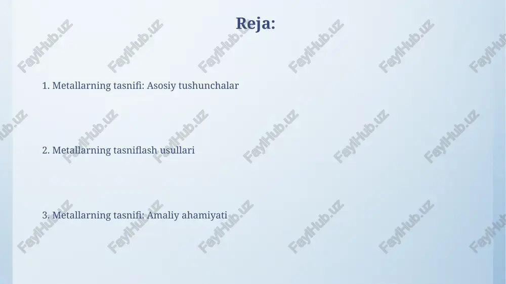 immat bo'ladi. asosiy metallar asosiy metallar, odatda, temir rudalaridan olinadigan temir (fe) va 90% dan ortiq metall mahsulotlarida ishlatiladigan po'latni o'z ichiga oladi. mis (cu) ham muhim asosiy metall bo'lib, uning yuqori o'tkazuvchanligi elektr kabellari va elektronika uchun 6 x 10^7 s/m dan ortiq o'tkazuvchanlikni ta'minlaydi. qimmatbaho metallar qimmatbaho metallar, masalan, oltin, kumush va platina, o'zining noyobligi va yuqori qiymati tufayli 999.9 gacha bo'lgan probalarda o'lchanadigan yuqori tozalik darajasiga ega. o'zbekistonda qimmatbaho metallarni qazib olish va qayta ishlash davlat nazoratida bo'lib, bu sohadagi faoliyatlar o'zbekiston respublikasi qonunchiligi bilan qat'iy tartibga solinadi. nodir metallar nodir metallar odatda yer qobig'ida juda kam miqdorda uchraydi, masalan, oltin (au) konsentratsiyasi odatda millionda bir necha qism (ppm) atrofida bo'ladi. nodir metallar yuqori iqtisodiy qiymatga ega, bunda platina (pt) kabi metallar katalitik xususiyatlari tufayli avtomobil sanoatida muhim rol o'ynaydi va narxi unsiya uchun ming dollardan oshishi mumkin. alloylar alloylar, odatda, kamida ikkita metall elementning kombinatsiyasi boʻlib, …