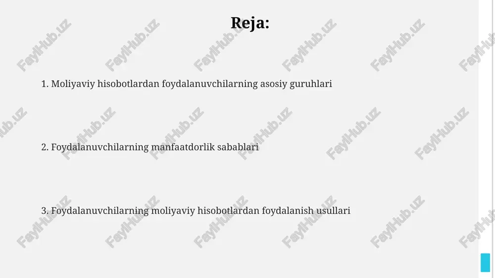 a layoqatliligini aniqlaydilar, bunda foiz qoplamining darajasini baholaydilar, ya'ni kompaniya kredit bo'yicha 1000 dollarga to'lashga qodirmi? xodimlar xodimlar, ish haqining potentsial o'sishi va bonus tizimlari kabi moliyaviy ko'rsatkichlar bilan bog'liq mehnat sharoitlarini baholash uchun moliyaviy hisobotlardan foydalanadi. ish bilan ta'minlanganlik xavfsizligini aniqlashda xodimlar moliyaviy hisobotlardagi foydani, likvidlik darajasini va qarzlarning qoplanishini ko'rib chiqadilar. xodimlar pensiya jamg'armalari va xodimlarga beriladigan imtiyozlar moliyaviy holatga bog'liq bo'lgan holda, jamg'armaning moliyaviy barqarorligini baholaydilar. mijozlar mijozlar biznesning moliyaviy barqarorligini baholash uchun moliyaviy hisobotlarni ko'rib chiqadilar, ayniqsa kafolat talablari bo'yicha, aktivlarning 2:1 nisbatda likvidligini tekshiradilar. mijozlar, xususan yirik korporatsiyalar, moliyaviy hisobotlardan kredit qobiliyatini baholash uchun foydalanadilar, 3-5 yillik daromad tendensiyalari va qarz yuklamasiga qarab, xaridlar uchun savdo shartlarini kelishishadi. moliyaviy hisobotlar mijozlarga sotuvchining narxlash strategiyasi, masalan, sotilgan mahsulot tannarxining 25% daromadlilik marjasini tushunishga yordam beradi, bu esa muzokaralarni osonlashtiradi. hukumat hukumat ijtimoiy xizmatlar uchun budjetni rejalashtirish, davlat xarajatlarini monitoring qilish va davlat sektorining moliyaviy barqarorligini ta'minlash …