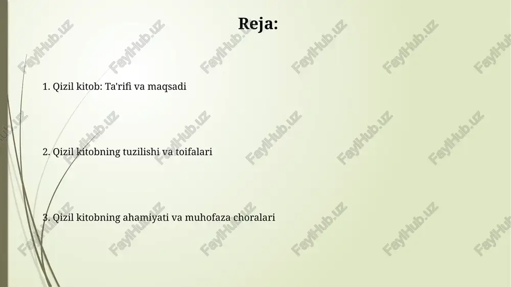 rini ko'rish zarurligini ko'rsatadi. o'zbekiston qizil kitobida pomidor qo'ng'iz (carabus turcomanus) kabi noyob hasharotlar ham mavjud bo'lib, ularning areali cheklanganligi sababli, bu turga alohida e'tibor qaratish lozim. qizil kitobni saqlash bo'yicha chora-tadbirlar qizil kitobni saqlash bo'yicha 1993-yildagi qonun, noqonuniy ov qilish va savdoni qat'iy nazorat qilishni, shuningdek, ekotizimlarni muhofaza qilishni kuchaytiradi. maxsus muhofaza etiladigan hududlarni tashkil etish va kengaytirish, masalan, qo'riqxonalar sonini 30% ga oshirish, nodir turlarni saqlashga yordam beradi. xulosa xulosa, qizil kitobning 1978-yilgi nashri turlarning yoʻq boʻlib ketish xavfini baholashning 9 ta asosiy mezonini ishlab chiqdi, bu konservatsiya strategiyasini shakllantirish uchun muhim. qizil kitobning 2001-yilgi versiyasi taksonomik guruhlarga qarab, iucn tomonidan belgilangan 5 ta asosiy koʻrsatkich orqali global bioxilma-xillik tendentsiyalarini kuzatishga yordam beradi. e'tiboringiz uchun rahmat image2.jpg image3.jpg image4.jpg image5.jpg image6.jpg image7.jpg image8.jpg