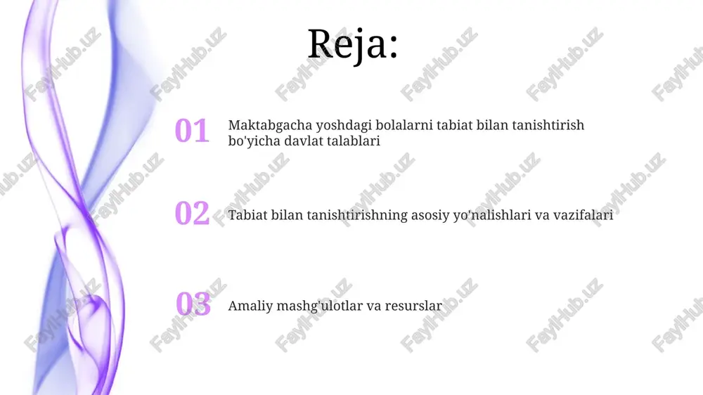 kilotlari faoliyatini litsenziyalash tartibini belgilab, sifat standartlariga rioya etilishini ta’minlaydi. "maktabgacha ta’lim va tarbiya to‘g‘risida"gi qonun (o‘rq-595, 16.12.2019) maktabgacha ta’lim sohasidagi asosiy normalarni belgilaydi, jumladan, 3-7 yoshdagi bolalarni qamrab olish masalasini tartibga soladi. tabiat bilan tanishtirishning maqsadi va vazifalari tabiat bilan tanishtirishning maqsadi - bolalarda atrof-muhitga nisbatan erta qiziqish uyg'otish, 3-4 yoshda ekologik tushunchalarni shakllantirishdir. asosiy vazifalardan biri - 5-6 yoshdagi bolalarga o'simlik va hayvonot dunyosining xilma-xilligi haqida bilim berish, ularni asrashga o'rgatishdir. tabiatni o'rgatish usullari va shakllari tabiatni kuzatish usuli orqali bolalarga fasllar, o'simliklar va hayvonlar haqida 12 oylik davr mobaynida batafsil ma'lumot berish, ularning o'zgarishini tushuntirish mumkin. ekologik o'yinlar orqali 3-5 yoshli bolalarni atrof-muhitga mas'uliyatli munosabatda bo'lishga o'rgatish, masalan, 'axlatni saralash' o'yini orqali 4 xil chiqindini ajratish. o'qituvchilarning roli va mas'uliyati tabiatda bolalar bilan ishlashda o'qituvchilar 60 daqiqadan ko'p bo'lmagan ekskursiyalarni rejalashtirishlari va ta'limiy maqsadlarga erishishlari kerak. o'qituvchilar bolalarning xavfsizligini ta'minlash, xavflarni aniqlash va kamaytirish, favqulodda vaziyatlarga 100% …
