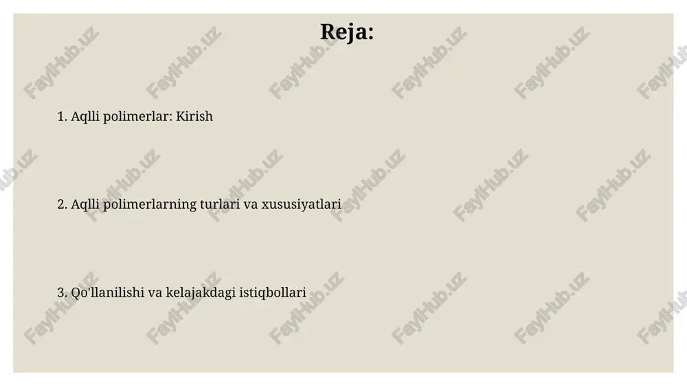 q bo'lishi mumkin va ba'zilari uzoq muddatli barqarorlik muammosiga ega, bu esa 1-2 yildan keyin degradatsiyaga olib keladi. kelajakdagi istiqbollar va xulosalar aqlli polimerlar molekulyar darajada o'z-o'zini yig'ish orqali adaptiv materiallar uchun 3d bosma texnologiyalarida inqilob qilib, aniq funksiyalarni ochadi. dori vositalarini yetkazib berishning maqsadli tizimlari aqlli polimerlar orqali optimallashtiriladi, bu esa 80% gacha samaradorlikni oshiradi va nojo'ya ta'sirlarni 25% ga kamaytiradi. e'tiboringiz uchun rahmat image4.jpg image5.jpg image6.jpg image7.jpg image8.jpg image9.jpg
