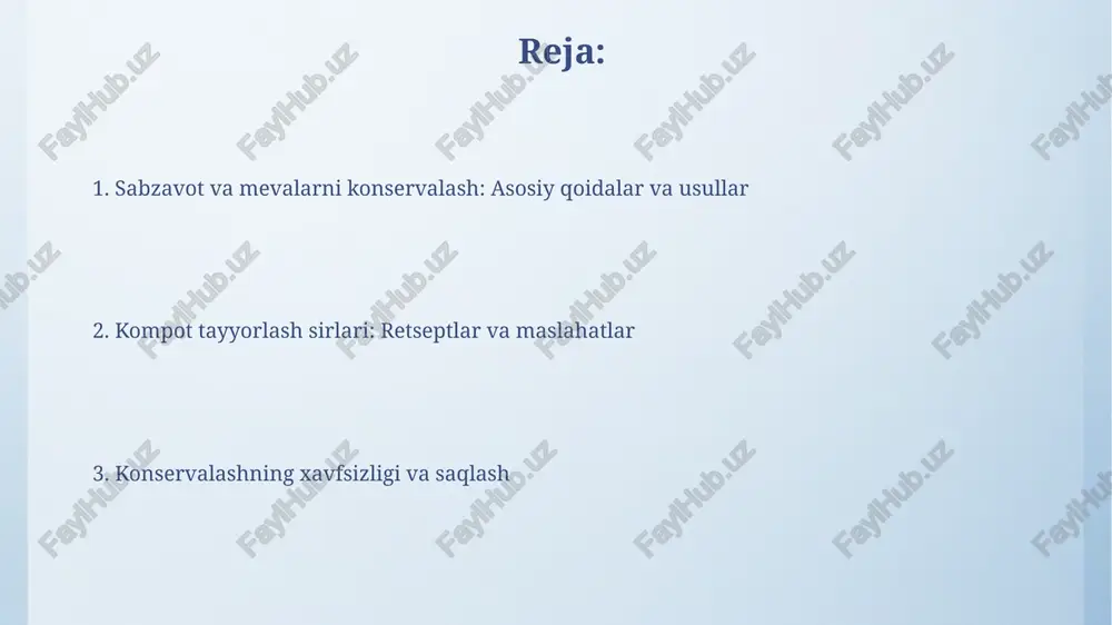 qiqa davomida qaynatish clostridium botulinum sporalari kabi xavfli mikroorganizmlarni yo'q qilish uchun muhimdir. konservalashda xavfsizlik qoidalari, idishlarning zich yopilishi va 7 ph dan past kislotalilik darajasi botulizmning oldini olish uchun zarurdir; bu muhitda bakteriyalar o'smaydi. konservalangan mahsulotlarni saqlash konservalangan mahsulotlar +10°c dan +20°c gacha bo'lgan haroratda saqlanishi kerak, namlik esa 75% dan oshmasligi lozim, bu buzilishning oldini oladi. konservalarni quyosh nurlaridan himoya qilish muhim; qorong'u, salqin joy konservant sifatini saqlashga yordam beradi va rang o'zgarishining oldini oladi. retseptlar va maslahatlar kompot uchun 1 kg meva yoki rezavorga taxminan 300-400 gramm shakar qo'shish tavsiya etiladi, ammo mevaning shirinligiga qarab bu miqdorni o'zgartirish mumkin. konservalashda 10 daqiqadan ortiq pishirilgan sabzavotlar va mevalarning vitaminlari kamayadi, shuning uchun sterilizatsiya vaqtiga qat'iy rioya qiling, ayniqsa, issiqlik sezgir mahsulotlar uchun. e'tiboringiz uchun rahmat image4.png image6.jpg image7.jpg image8.jpg image9.jpg image10.jpg image11.jpg image12.jpg image3.jpeg