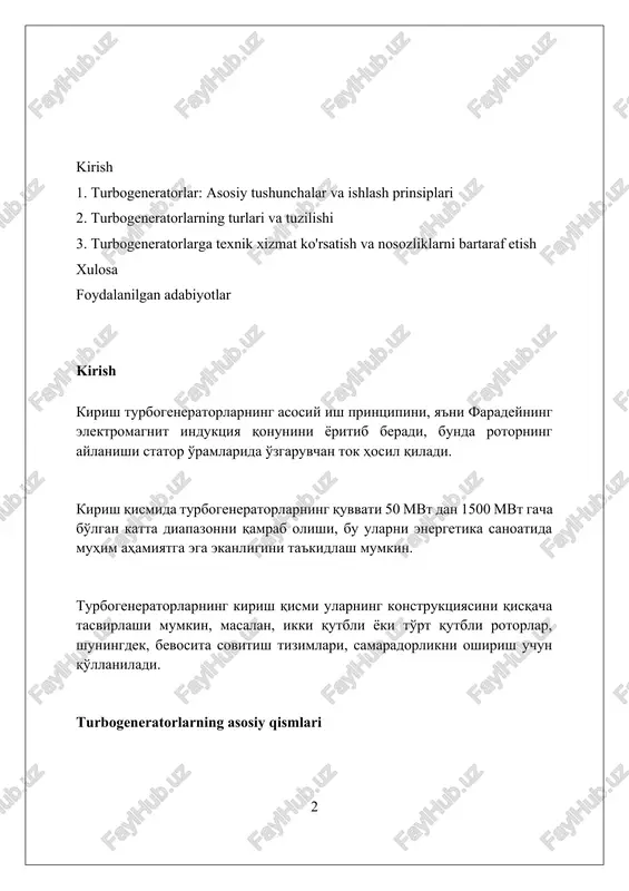 b, ularning har biri suvning oqish tezligi va bosimining o'ziga xos diapazonlari uchun optimallashtirilgan bo'ladi. generator turlari asenkron generatorlar, odatda shamol turbinalarida ishlatiladi, slip halqalariga muhtoj emas va 0.8 dan 1.0 gacha quvvat koeffitsientida ishlash imkoniyatiga ega, ammo reaktiv quvvatni manbadan oladi. sinkron generatorlar, 50 mgvt dan katta quvvatlarda keng qo'llaniladi, rotor o'rashida doimiy tokni talab etadi va chastotani aniq nazorat qilib, 0 dan 1 gacha bo'lgan quvvat koeffitsientida ishlaydi. doimiy magnit generatorlar (pmg) o'z-o'zidan hayajonlangan bo'lib, shamol turbinalarida va kichik gidroelektr stantsiyalarida qo'llaniladi, qo'shimcha hayajonlanish tizimlariga muhtoj emas va yuqori samaradorlikka erishadi. ishlash prinsipi turbogeneratorning ishlash prinsipi elektromagnit induksiya qonuniga asoslangan bo'lib, o'tkazgich magnit maydonida harakatlanganda 50 gts chastotali elektr yurituvchi kuch (eyuk) hosil bo'ladi. bug' yoki gaz turbinasining aylanuvchi energiya (mexanik energiya) rotorga ulanadi va rotor ichidagi o'tkazgichlar 3000 aylanish tezligida magnit maydonini kesib o'tib, elektr energiyasi ishlab chiqaradi. stator o'rashlarida hosil bo'lgan o'zgaruvchan tok 10 kv dan …