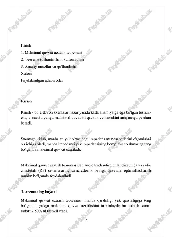anbaining ichida mavjud bo'lgan xayoliy qarshilik bo'lib, manba yukga energiya yetkazib berganda 0 dan kattaroq qiymatga ega. amaliy kuchlanish manbaida 1 dan 100 omga qadar ichki qarshilik (r) bo'lishi mumkin; bu yuk qarshiligi bilan ketma-ket bog'langan holda manba voltajini kamaytiradi. maksimal quvvat uzatish teoremasiga ko'ra, manba yukga eng ko'p quvvatni uzatishi uchun yuk qarshiligi ichki qarshilikka teng bo'lishi kerak, ya'ni r = r_yuk. o'zgaruvchan tok zanjirlari uchun teorem o'zgaruvchan tok zanjirlarida maksimal quvvat uzatish teoremasi manba ichki impedansi yuk impedansining kompleks qo'shmasiga teng bo'lganda eng yuqori quvvat yukga o'tkazilishini ko'rsatadi. teorema, o'zgaruvchan tok zanjirlari uchun, yuk impedansi (z_l) manba impedansining (z_s) kompleks qo'shmasi bo'lganda (z_l = z_s*), maksimal quvvat uzatishni kafolatlaydi. amalda, o'zgaruvchan tok zanjirlarida maksimal quvvat uzatish teoremasidan foydalanish, manba va yuk o'rtasida impedansni moslashtirish orqali signal uzatish samaradorligini oshirishga yordam beradi. misollar: dc zanjirlari dc zanjirlarida maksimal quvvat uzatish teoremasi, manbaning ichki qarshiligi yuk qarshiligiga teng bo'lganda sodir …