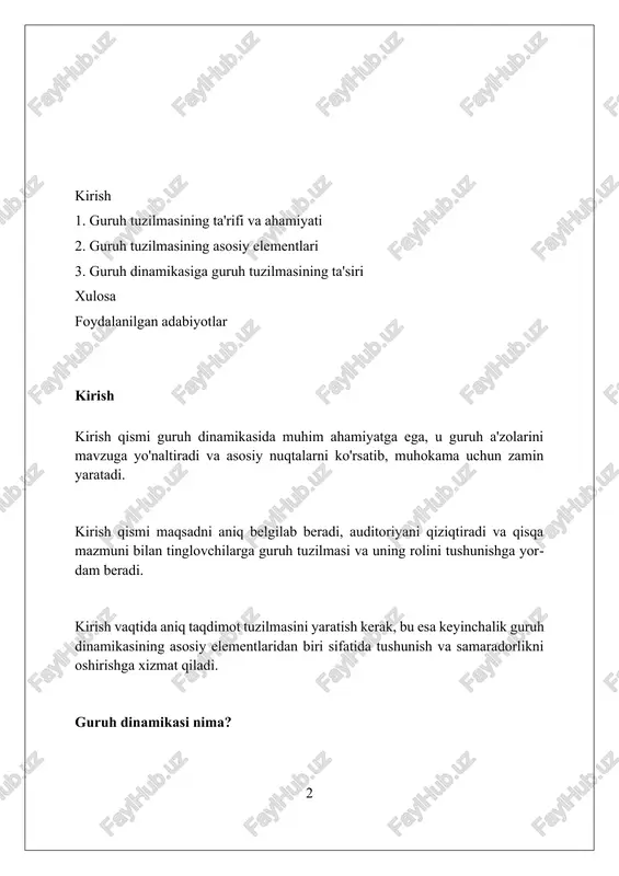 tuzilmasi rollarni aniqlab, har bir aʼzoning vazifasini belgilaydi. bu aniqlik vazifalarni taqsimlashda va samarali ishlashda muhim ahamiyatga ega. tuzilma kommunikatsiya kanallarini tashkil etadi, axborot almashinuvini tartibga soladi. markazlashgan tuzilmalar tez qaror qabul qilish imkonini beradi, tarmoqlashgan tuzilmalar esa innovatsiyalarni ragʻbatlantiradi. guruh tuzilmasi hokimiyat taqsimotini ko'rsatadi. yetakchilik uslublari (masalan, avtoritar yoki demokratik) natijalarga sezilarli ta'sir ko'rsatadi va guruh dinamikasini shakllantiradi. guruh tuzilmasining asosiy elementlari guruh tuzilmasida rollar muhim, har bir a'zo uchun aniq belgilangan vazifalar 100% ishonchni ta'minlaydi va guruhning samaradorligini oshiradi. normlar guruh a'zolarining xatti-harakatlarini tartibga soluvchi 5-10 ta qoidalardir; ular guruhdagi o'zaro munosabatlarni muvofiqlashtirib, tartibni saqlashga yordam beradi. status ierarxiyasi guruh ichidagi a'zolarning 3-5 ta nisbiy mavqeini belgilaydi; yuqori statusli a'zolar ko'proq ta'sirga ega, qaror qabul qilishda ustunlik qiladi. rollarning ahamiyati rol o'rganish, 90-yillarda keng tarqalgan usul, xodimlar vaziyatlarni simulyatsiya qilib, 75% gacha ko'nikmalarni rivojlantirishga yordam beradi, muammolarni hal qilish qobiliyatini oshiradi. rol o'rganishda 3 xil format mavjud: spontan, …