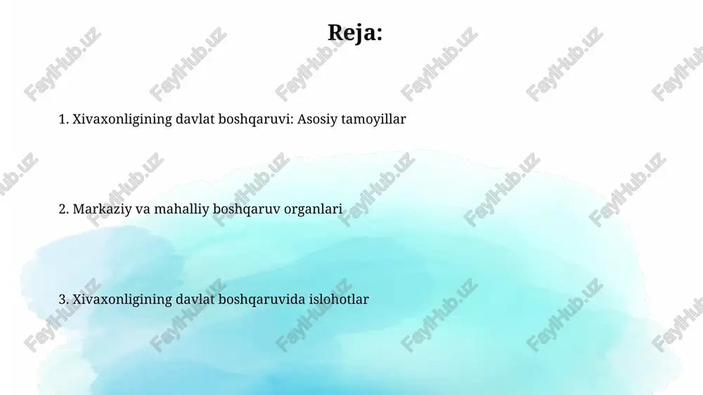i 14 ta yo'nalish bo'yicha olib boradi. har bir vazirlik o'z sohasida davlat siyosatini amalga oshirish uchun javobgardir, masalan, moliya vazirligi byudjet siyosatini yuritadi va qonunchilikka muvofiq tartibga soladi. harbiy tuzilma va armiya boshqaruvi o'zbekiston respublikasi qurolli kuchlari tarkibida turli harbiy okruglar mavjud bo'lib, ularning har biri muayyan hududni mudofaa qilish vazifasini bajaradi. bu okruglar 14 ta viloyatni qamrab oladi. armiya boshqaruvida harbiy unvonlar tizimi muhim rol o'ynaydi, unda oddiy askardan tortib generalgacha bo'lgan pog'onalar mavjud. har bir unvon o'ziga xos vakolat va mas'uliyat yuklaydi. sud tizimi va qonunchilik sud tizimi uch bosqichli boʻlib, birinchi instantsiya sudlari fuqarolik, jinoiy va maʼmuriy ishlarni koʻrib chiqadi, ularning asosiy vakolat doirasini belgilab beradi. oʻzbekiston respublikasi konstitutsiyasi qonunchilikning asosi boʻlib, barcha qonunlar unga muvofiq qabul qilinadi, inson huquqlari va erkinliklari ustuvorligini taʼminlaydi. moliya va soliq tizimi o'zbekiston soliq tizimi 9 ta soliq va yig'imni o'z ichiga oladi, bu davlat byudjeti daromadlarining asosiy qismini shakllantiradi …