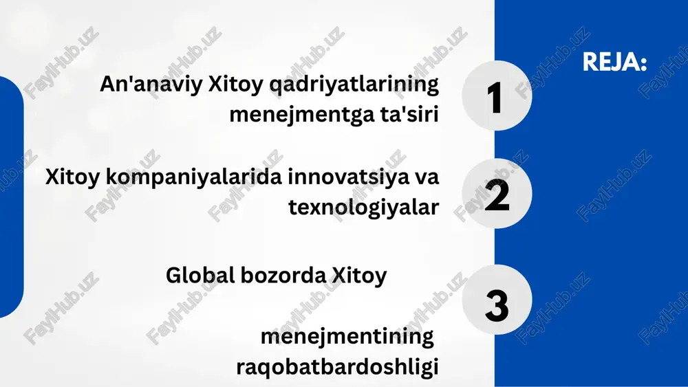 chun sinchkovlik bilan va standartlashtirilgan yondashuvni qo‘llash bo‘yicha xitoy boshqaruv falsafasini namoyish etdi. kechki qing sulolasi davrida g‘arb ta’sirining paydo bo‘lishi bilan xitoyda boshqaruv amaliyoti sezilarli o‘zgarishlarga duch kela boshladi. menejmentning ilmiy menejment va tashkiliy nazariyalar kabi g‘arbiy kontseptsiyalari joriy etildi, bu esa zamonaviy boshqaruv amaliyotini yo‘lga qo‘yishga olib keldi. xitoy sanoatlashtirish va xalqaro savdoni o‘zlashtira boshlaganligi sababli, e’tibor samaradorlik, rentabellik va innovatsiyalarga qaratildi. 1970-yillarning oxirida deng syaopin tomonidan boshlangan iqtisodiy islohotlardan so‘ng xitoyda sanoat va iqtisodiy o‘sish jadal sur'atlarda kuzatildi. bu davr boshqaruv amaliyotining rejali iqtisodiyotdan bozorga yoʻnaltirilgan va global integratsiyalashgan tizimga oʻtishiga guvoh boʻldi. xitoy menejment falsafasi moslashuvchanlik, tadbirkorlik va texnologik yutuqlarni qabul qilish tomon o‘tdi. ierarxik tuzilma: xitoy menejmenti yuqoridan pastga ierarxik tuzilishga egabo‘lib, qarorlar yuqori darajadagi rahbarlar tomonidan qabul qilinadi va quyi darajadagi xodimlar tomonidan amalga oshiriladi. yuqori rahbarlarning obro‘sini hurmat qilish va ularga rioya qilishga katta e’tibor beriladi. menejerlar qarorlar qabul qilishlari va yo‘l-yo‘riq ko‘rsatishlari …