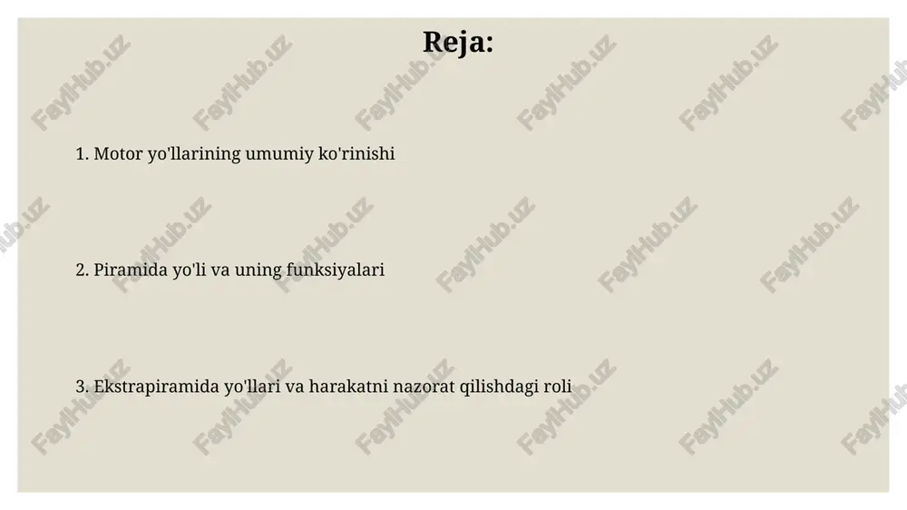 atan kamroq ixtisoslashgan, 10-20% kortikospinal tolalarni tashkil qiladi. ushbu yo'l pons va medulla orqali o'tadi, ventral oq moddada joylashgan bo'lib, ko'pincha lateral kortikospinal yo'ldan tashqari, 8-bosqichlarda pastga tushadi. ekstrapiramidal yo'llar: kirish ekstrapiramidal yo'llar motor funksiyani modulyatsiya qiladi, lekin piramidal yo'l singari to'g'ridan-to'g'ri motor neyronlariga 1:1 aloqaga ega emas, balki nozik harakatlarni nazorat qiladi. ushbu yo'llar postural nazorat, mushaklarning tonusi va koordinatsiyani ta'minlaydi, bazal gangliylar, miyacha va turli xil retikulyar shakllanish kabi ko'plab miya tuzilmalari bilan o'zaro bog'liqdir. rubrospinal yo'l rubrospinal yo‘l asosan qo‘llarning proksimal mushaklarini, ayniqsa, egiluvchilarni nazorat qiladi. u miya ustunidagi qizil yadrodan boshlanib, orqa miyaga tushadi va kortikospinal yo‘lga yordam beradi. rubrospinal yo‘lning tolalarining aksariyati dekusatsiya qilinadi, yani qizil yadrodan chiqqanidan so‘ng darhol miya ustunida qarama-qarshi tomonga o‘tadi. bu kontralateral nazoratga olib keladi. vestibulospinal yo'l vestibulospinal yo'l ikki qismdan iborat: lateral vestibulospinal yo'l, tana mushaklarini, ayniqsa, tortib turuvchi mushaklarni innervatsiya qiladi, muvozanatni saqlash uchun extensor tonusini oshiradi. medial …